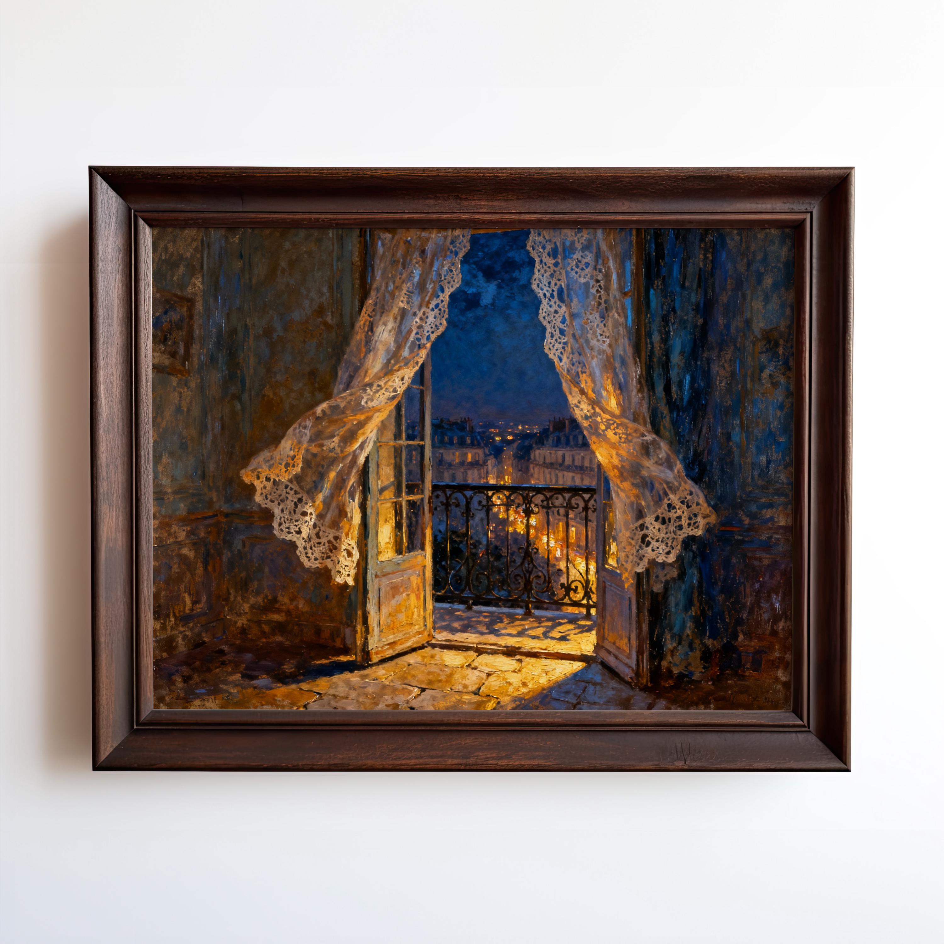 The image is a painting of an open window with lace curtains, revealing a balcony with a cityscape view.