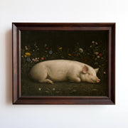 The Vintage Farm Animal Print – Smiling Piglet Flower Garden adds rustic charm to your kitchen. This framed vintage art features a cheerful piglet among wildflowers, ensuring archival quality from the West & Wild Art Archive.