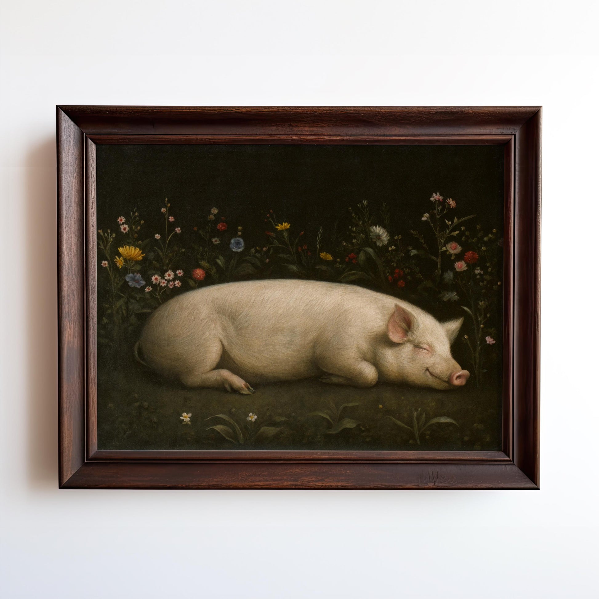 The Vintage Farm Animal Print – Smiling Piglet Flower Garden adds rustic charm to your kitchen. This framed vintage art features a cheerful piglet among wildflowers, ensuring archival quality from the West & Wild Art Archive.