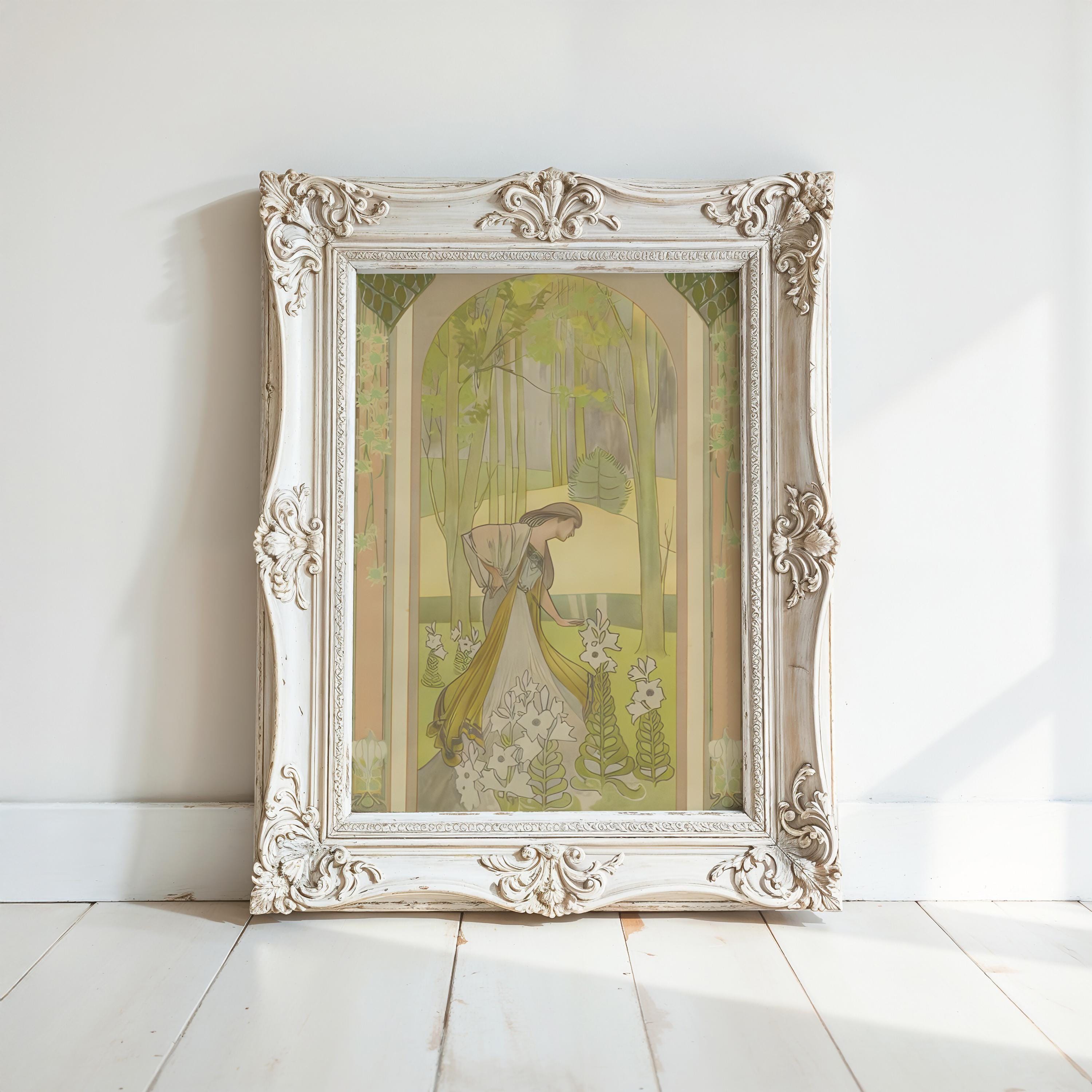 An ornate vintage frame sits on a white wooden floor, showcasing the Victorian Style Artwork - Vintage Wall Print, a pastel-framed art print featuring a whimsical scene of a woman in a hat among rabbits and greenery.