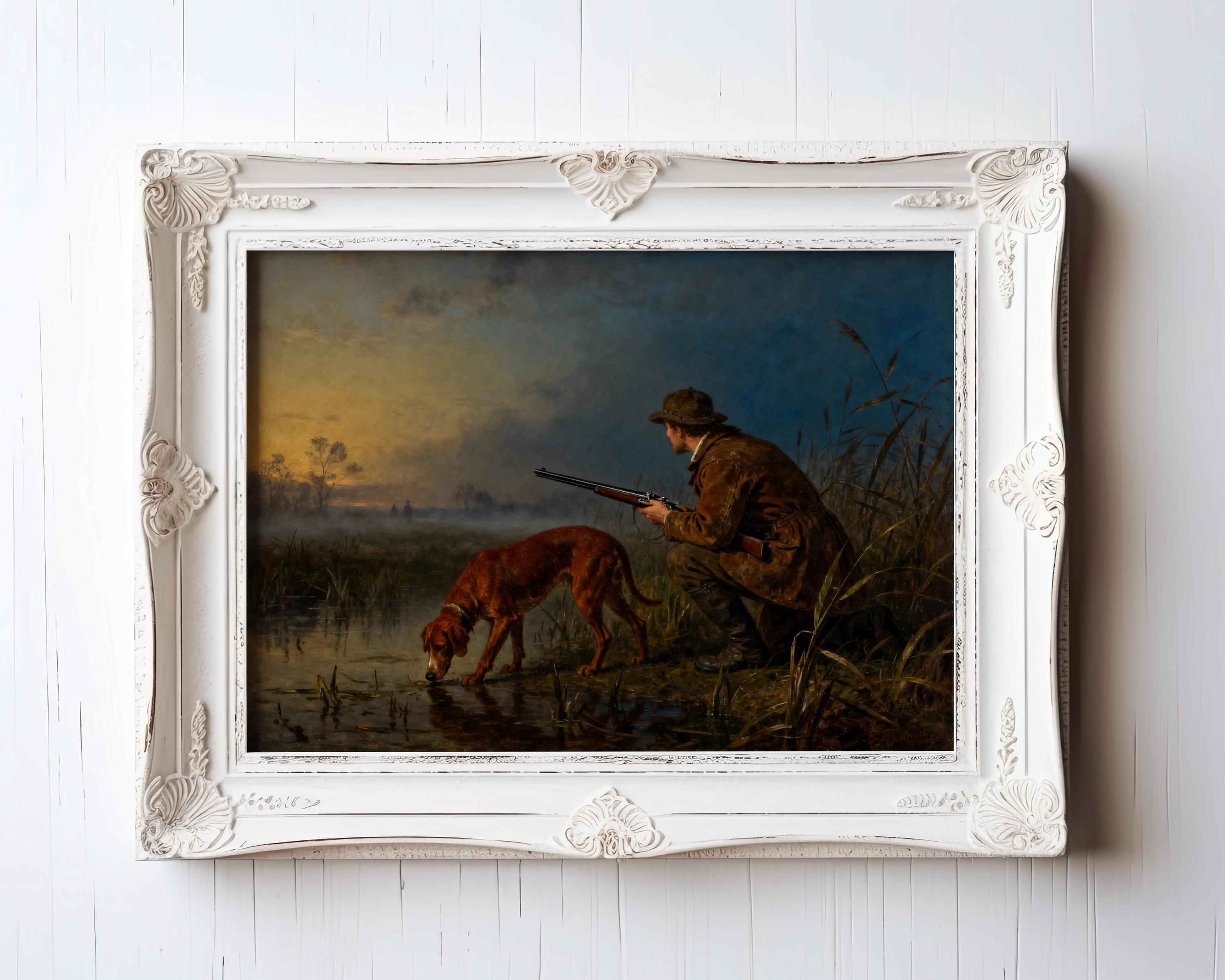 A painting of a man in hunting attire crouching and holding a rifle, accompanied by a dog, in a natural setting with a body of water and a sunset in the background.