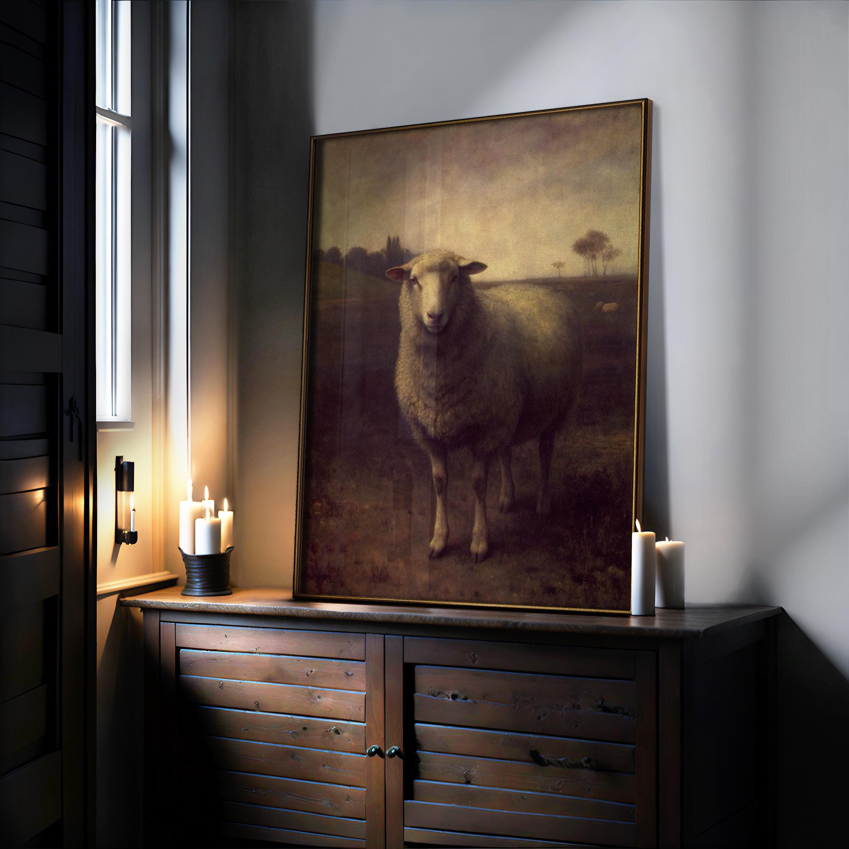 The Sheep Painting Art Print – Moody Sheep Portrait | Framed Rustic Country Decor rests on a wooden cabinet with glowing white candles and gentle natural light, creating a calm, cozy farmhouse vibe in this rustic country decor scene.