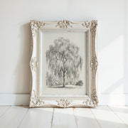 A white ornate picture frame with a black and white illustration of a willow tree in the center.
