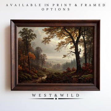 A framed Autumn Forest Painting—Victorian Wall Art with trees, a winding path, and hills decorates a white wall. Above/below: Rustic Fall Decor & Vintage Art Print from the WEST & WILD Art Archive—Archival Quality.