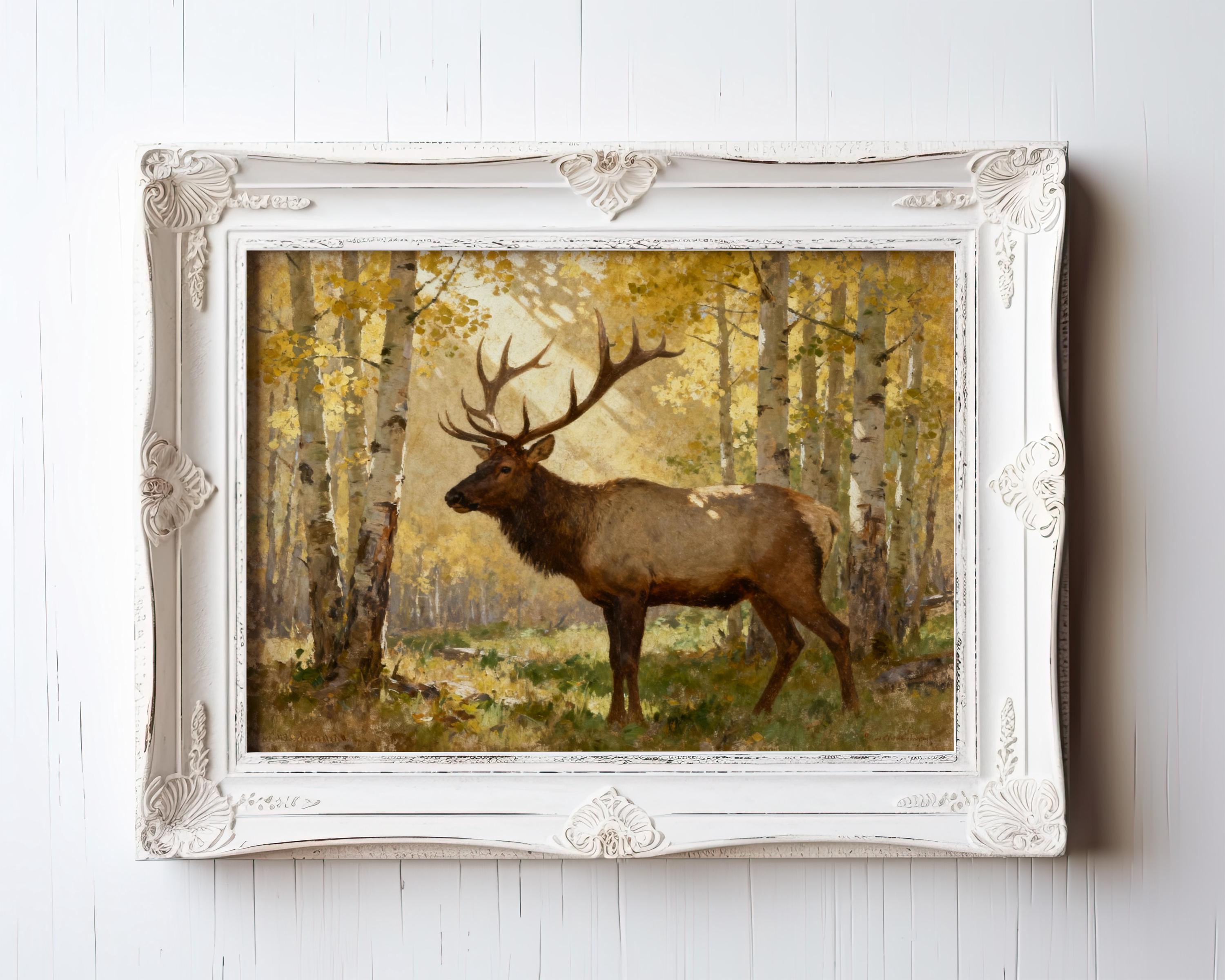 A painting of a brown elk standing in a forest with yellow trees in the background.