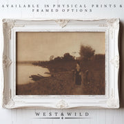 A Victorian art print in muted brown tones depicts a lone woman on a beach. Available as vintage wall art or framed art. Shop West & Wild Art Archive for physical prints and elegant frame options.