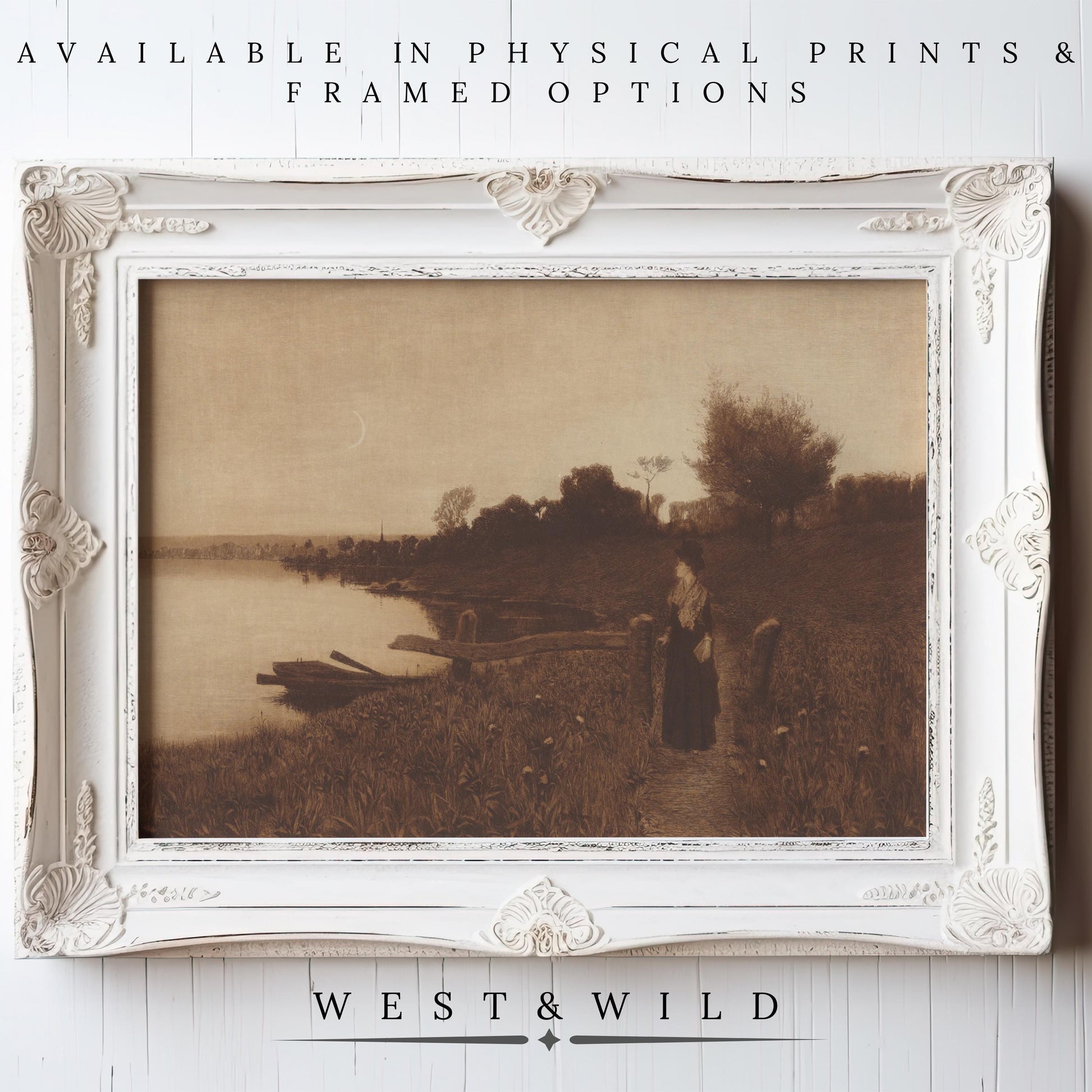 A Victorian art print in muted brown tones depicts a lone woman on a beach. Available as vintage wall art or framed art. Shop West & Wild Art Archive for physical prints and elegant frame options.