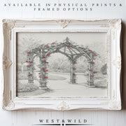 A framed black-and-white sketch of a Victorian garden gazebo with climbing pink flowers. The Floral Gazebo Wall Art print features a classic botanical illustration, available as vintage art prints or framed art by West & Wild Art Archive.