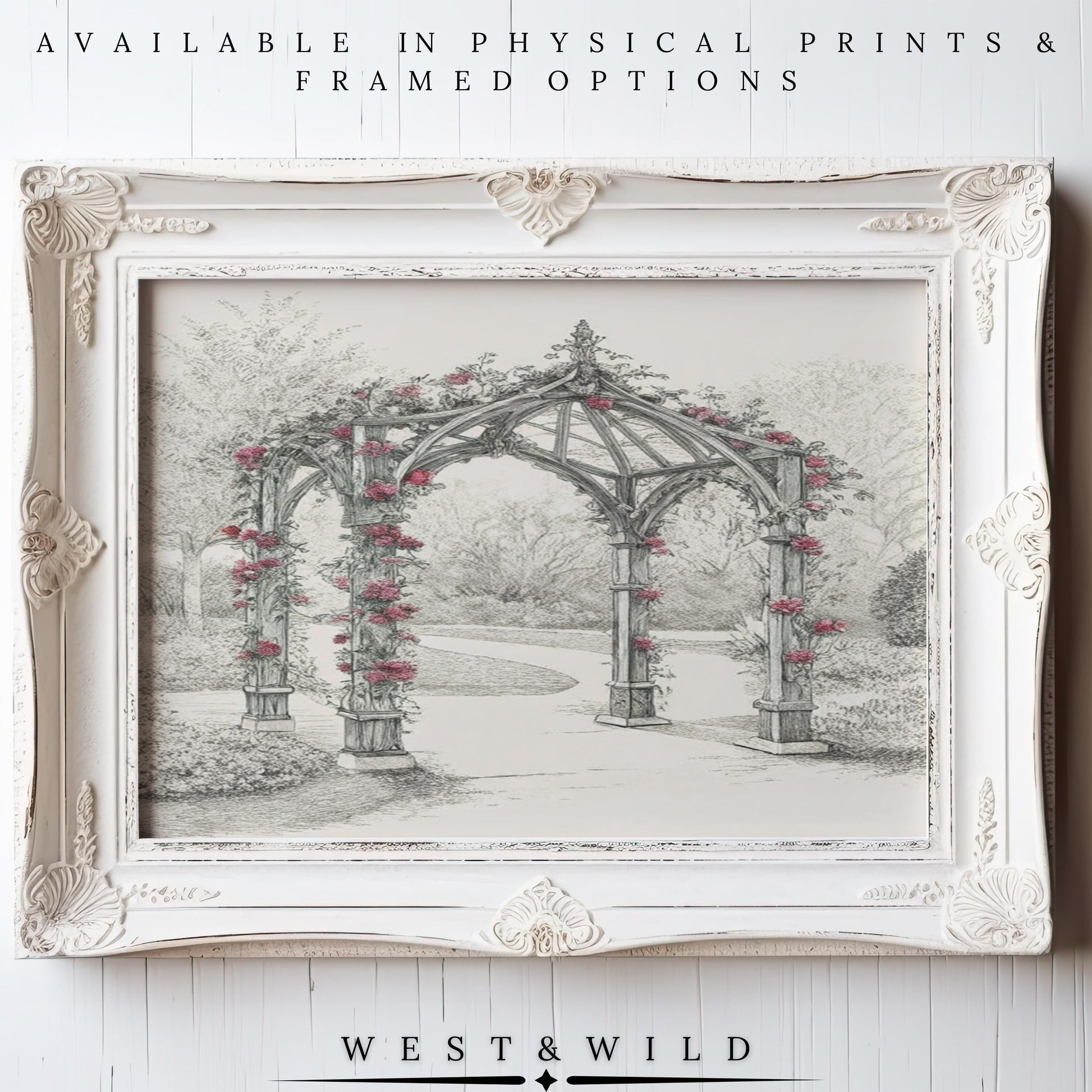 A framed black-and-white sketch of a Victorian garden gazebo with climbing pink flowers. The Floral Gazebo Wall Art print features a classic botanical illustration, available as vintage art prints or framed art by West & Wild Art Archive.