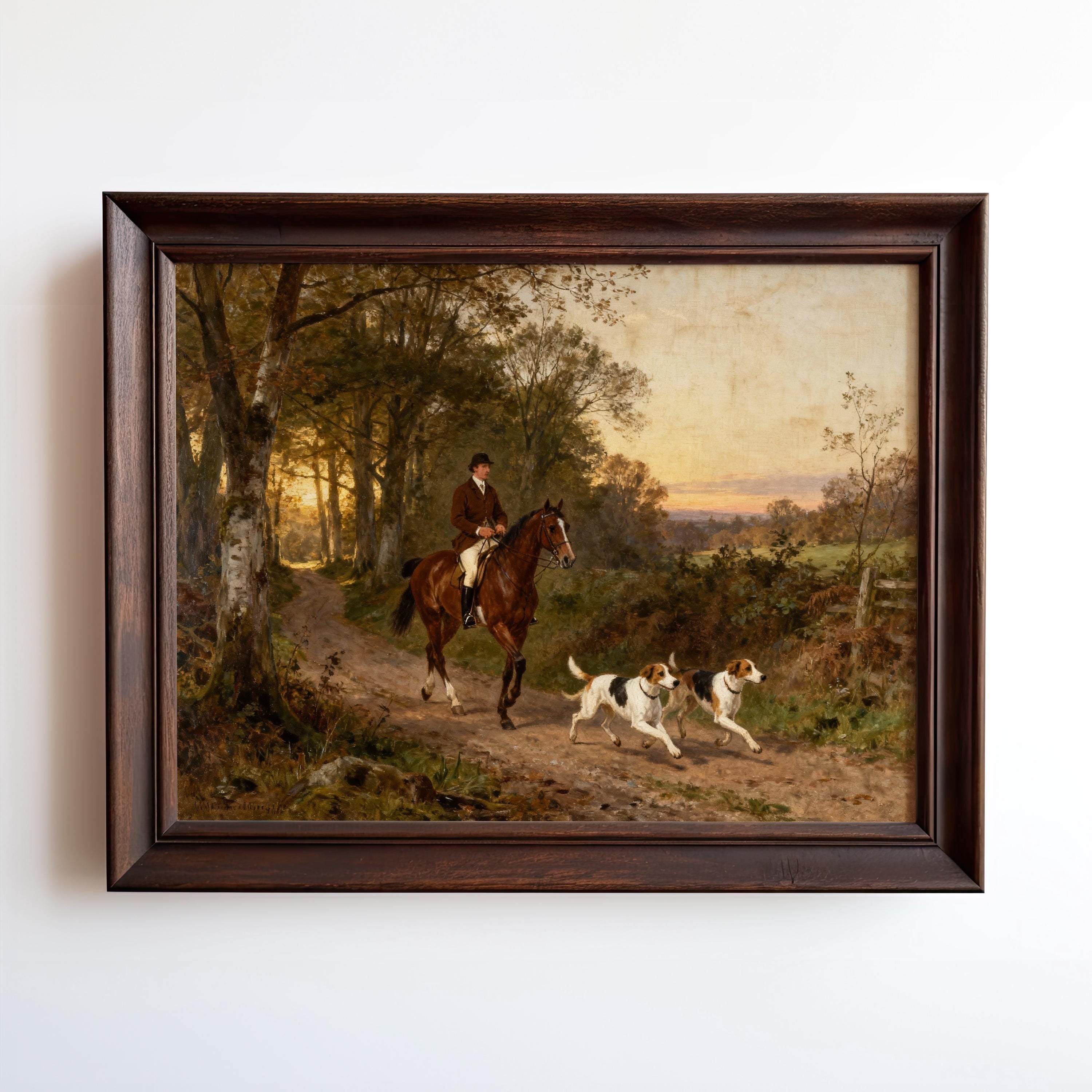 A painting of a man riding a horse, accompanied by two dogs, in a wooded area with a sunset in the background.
