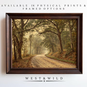 Vintage Forest Wall Art – Classic Country Road Painting with wood frame options shown on a white wall. Explore vintage art prints and framed art from the West & Wild Art Archive.