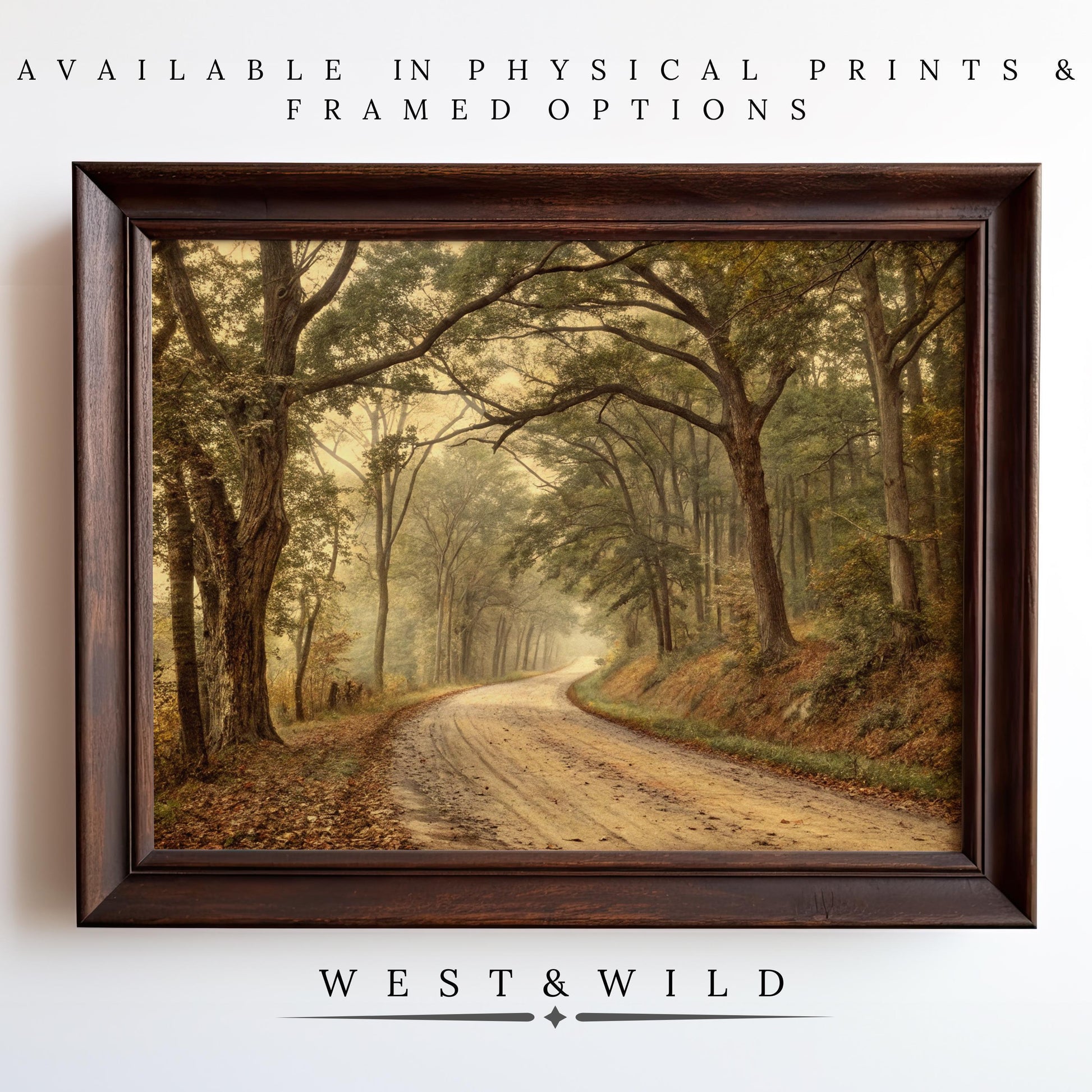 Vintage Forest Wall Art – Classic Country Road Painting with wood frame options shown on a white wall. Explore vintage art prints and framed art from the West & Wild Art Archive.