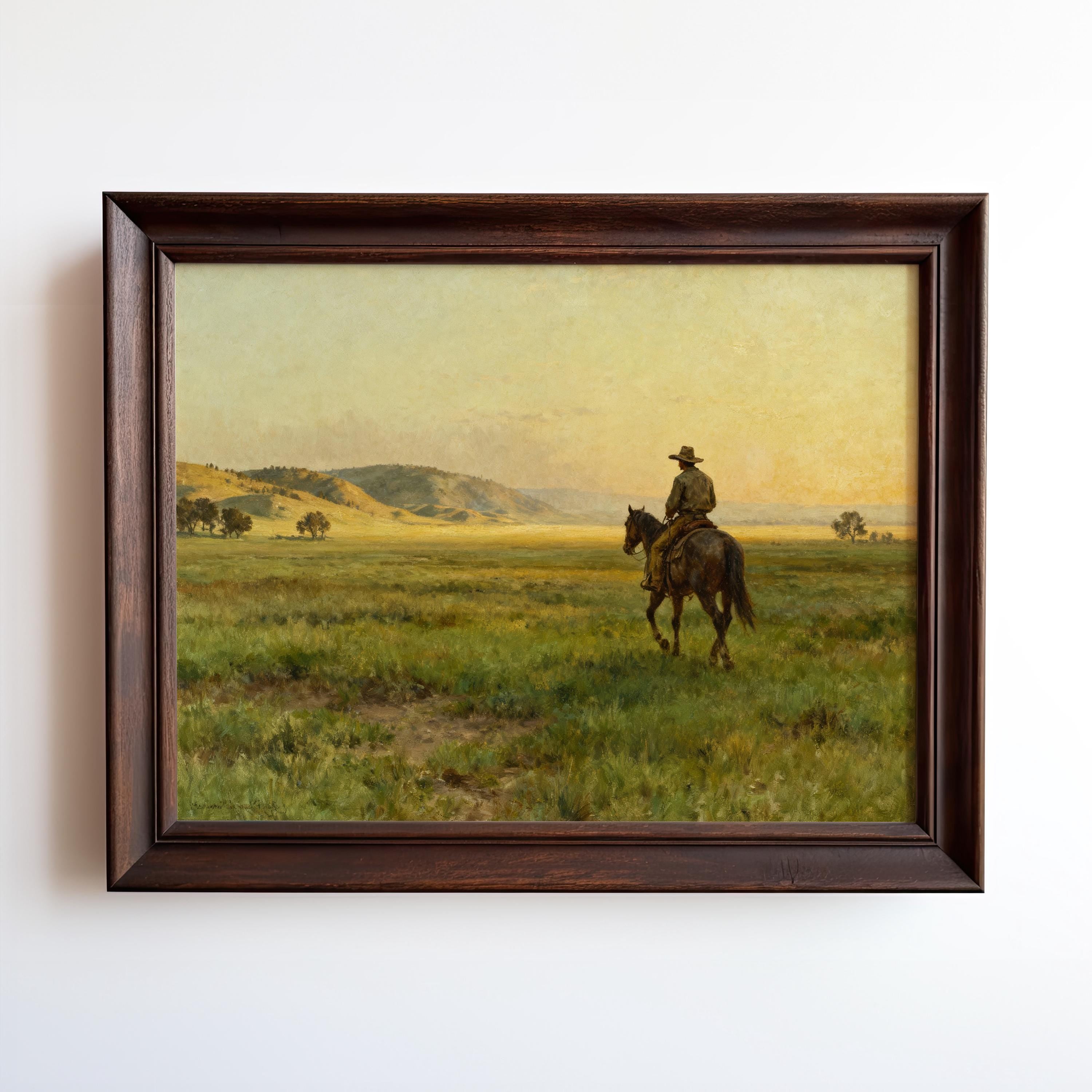 The Western Rider Art Print – Hand-Framed Artwork features a cowboy crossing grassy hills under a yellow sky, ideal for bringing rustic ranch decor to your home.