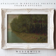 Vintage Oil Painting - Lush Green River Print: 19th century-inspired wall art features a lush green forest by a riverbank with red figures, in an ornate white frame. Archival quality from West & Wild Art Archive. Available as prints & framed art.