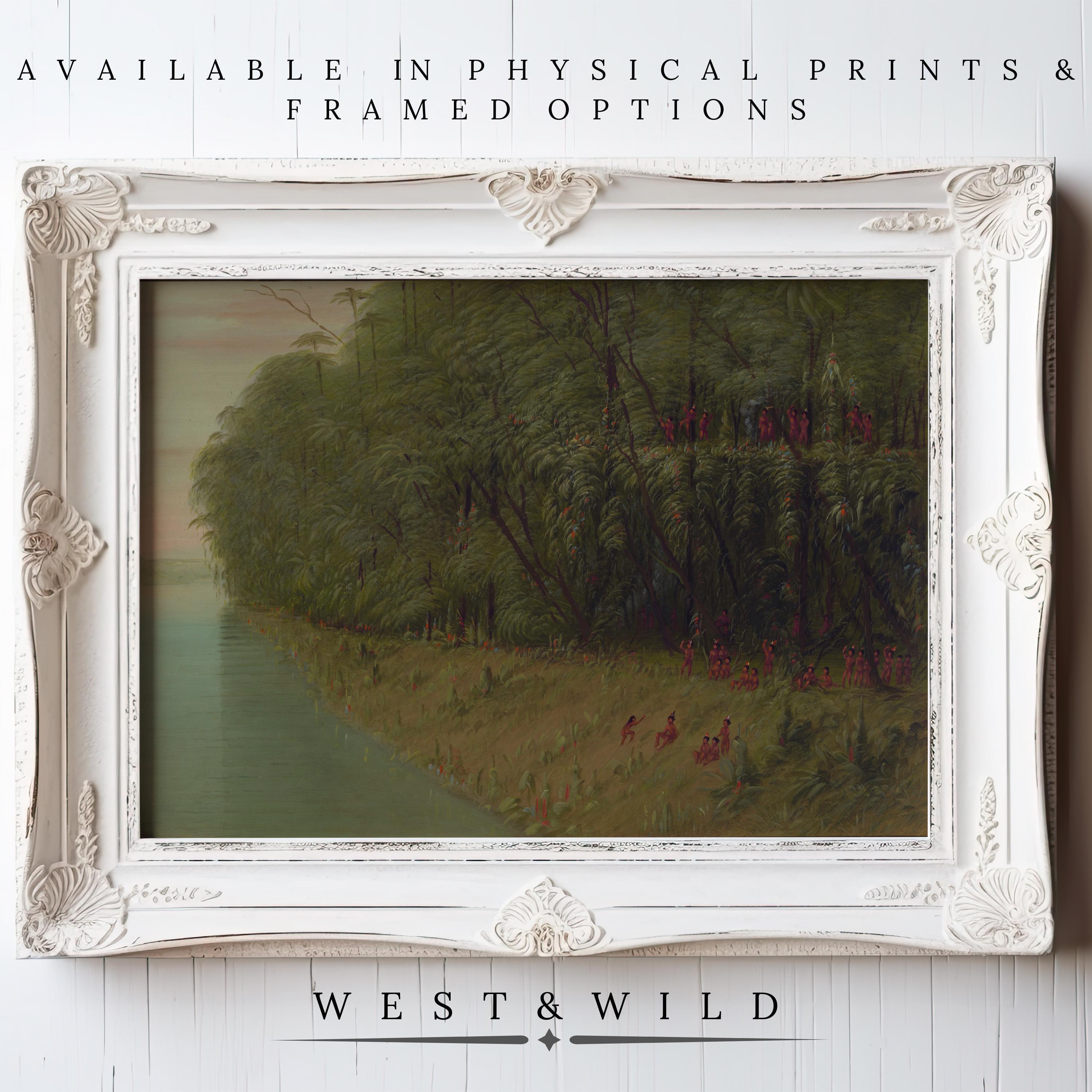 Vintage Oil Painting - Lush Green River Print: 19th century-inspired wall art features a lush green forest by a riverbank with red figures, in an ornate white frame. Archival quality from West & Wild Art Archive. Available as prints & framed art.