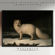 Arctic Fox Art Prints – Vintage Wildlife Painting On Matte Paper, shown framed on a wall with an arctic fox under a dark sky. Perfect winter wildlife decor. Text above: Available in physical prints & framed options; West & Wild below the artwork.