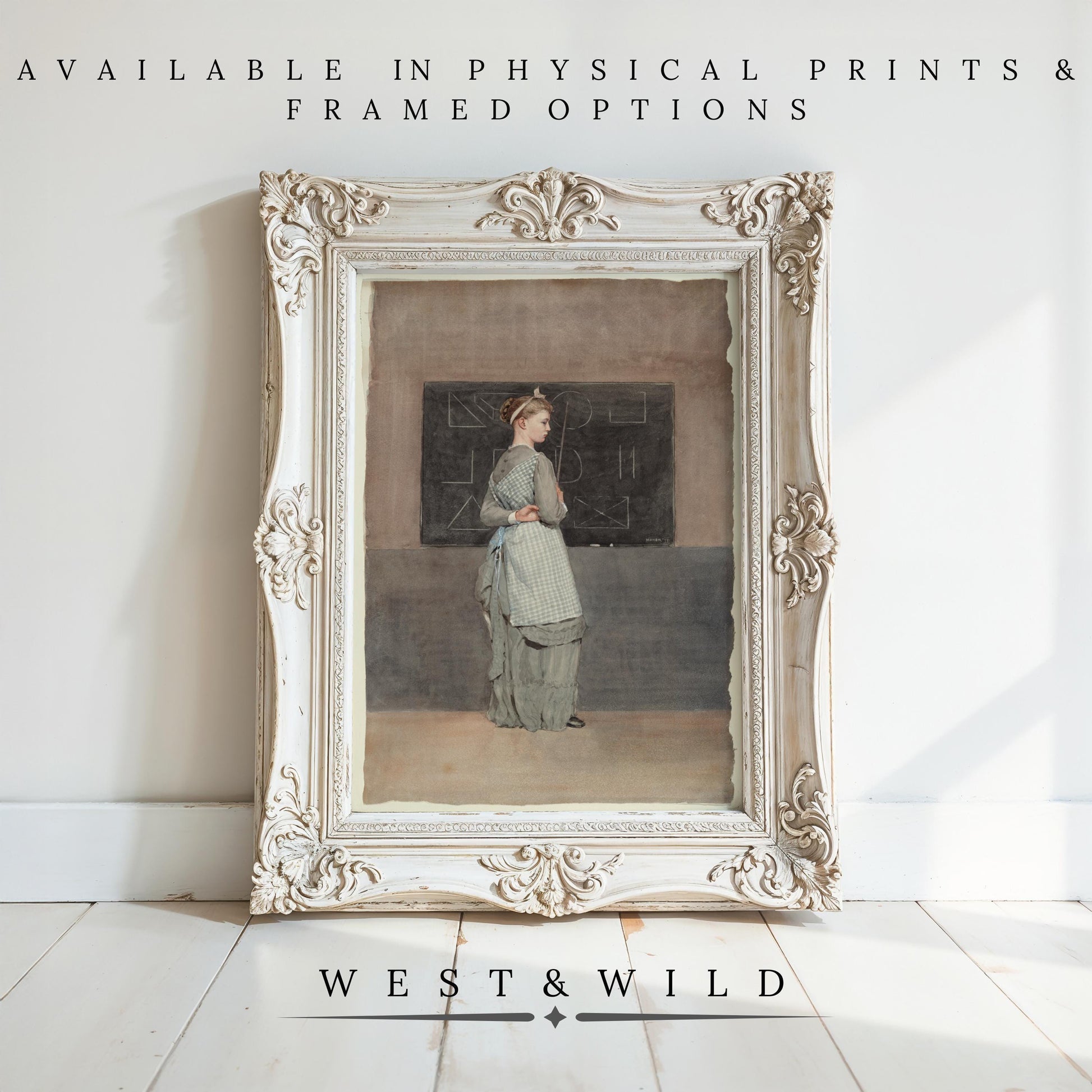 A vintage-style, ornate white frame displays the "Vintage School Painting – American Schoolhouse Art | 19th Century Classic Artwork Gift" on a wooden floor. Available as archival quality prints & framed art from West & Wild Art Archive.