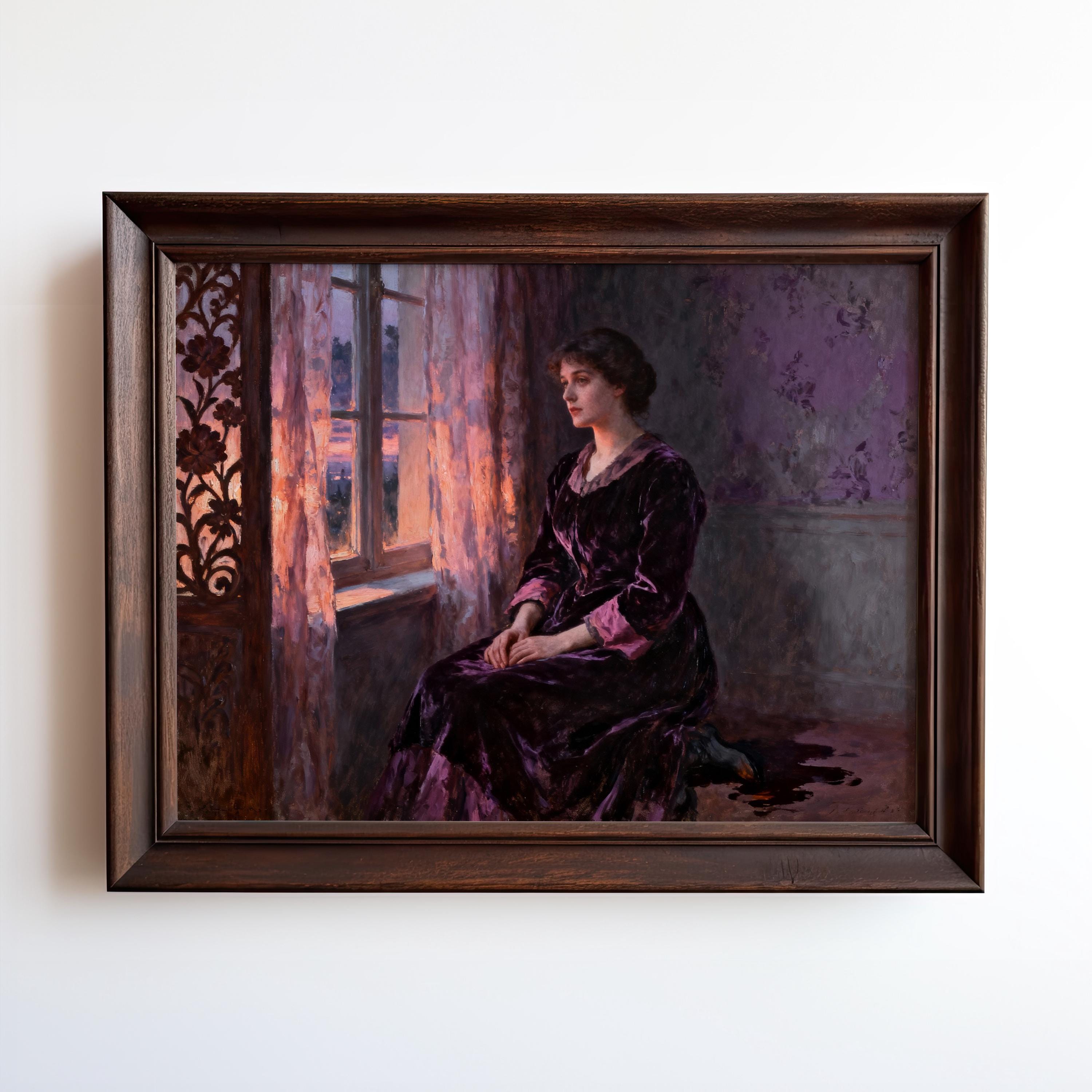A woman in a long purple dress is sitting by a window, gazing out at the sunset.