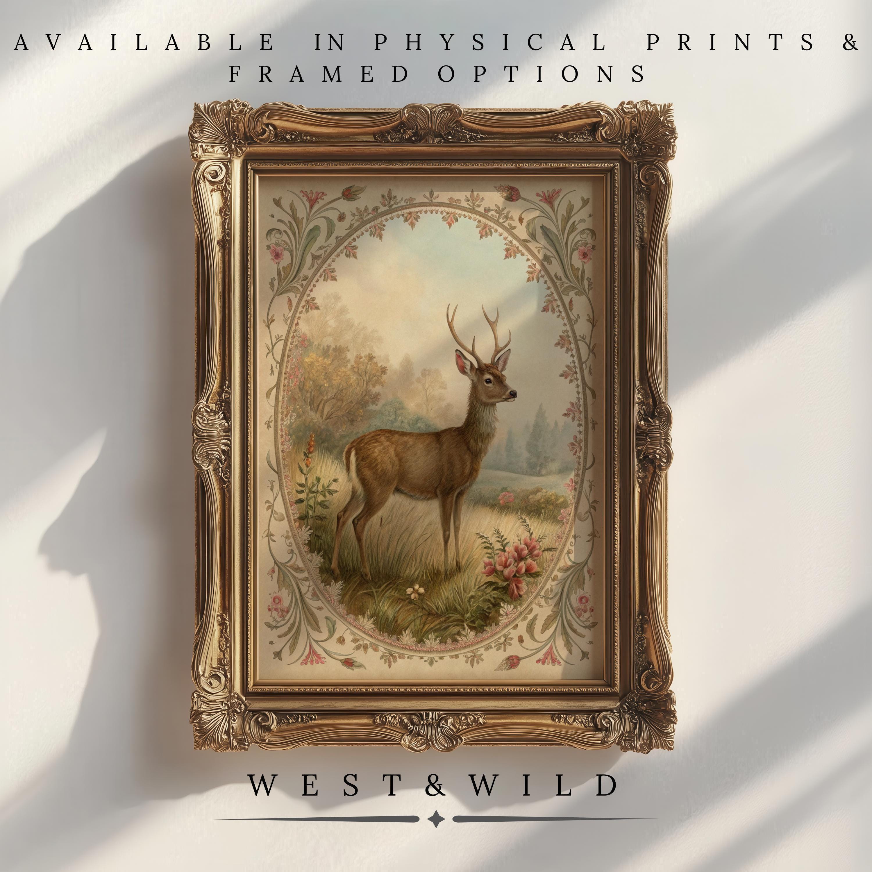 A framed Baby Deer Art Print for the nursery, with a Victorian border and meadow flowers. Available as vintage art prints or in wood frame options. By West & Wild.