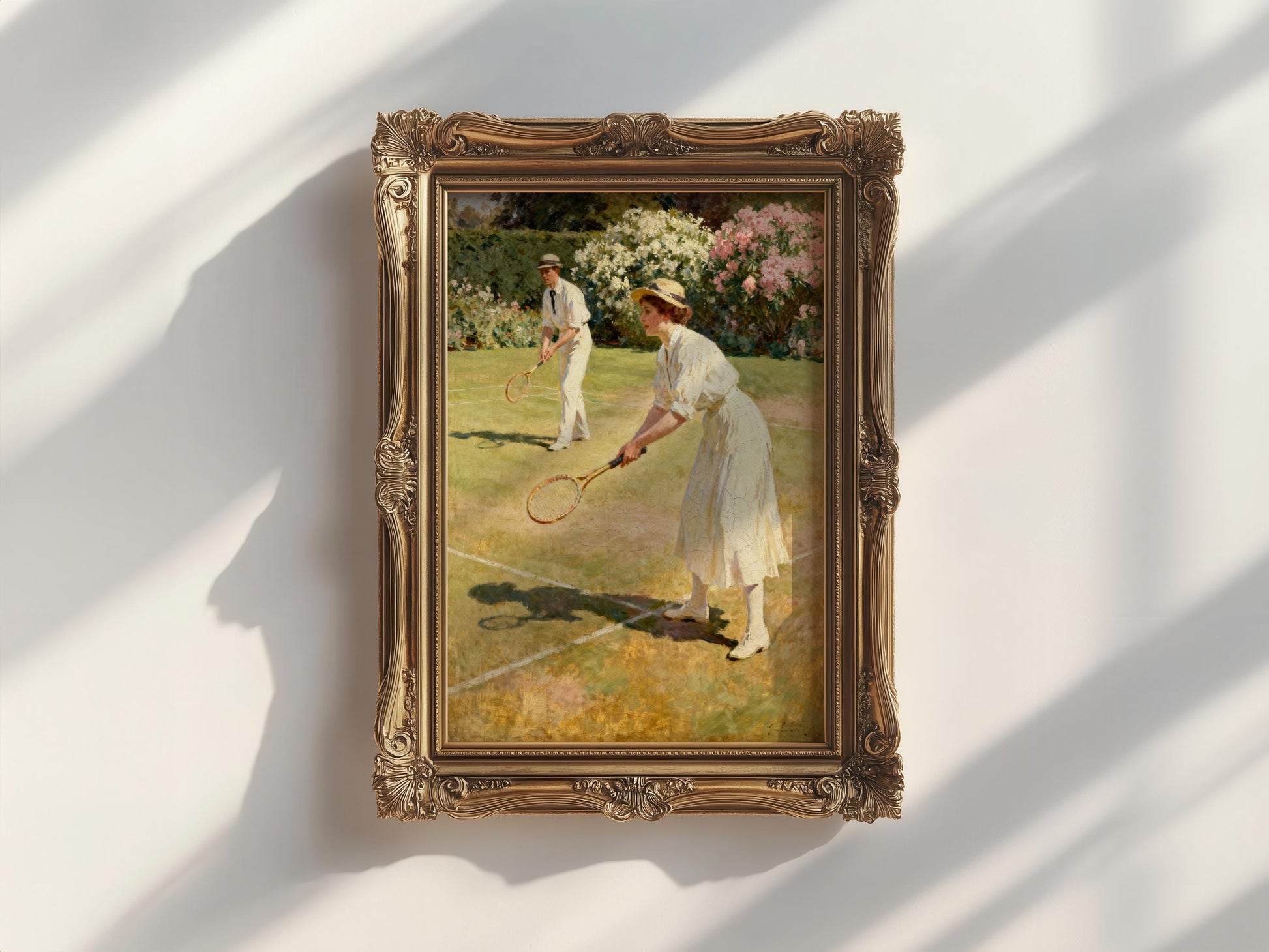 The image is a painting of two people playing tennis on a court, with one person holding a tennis racket and the other holding a tennis ball.