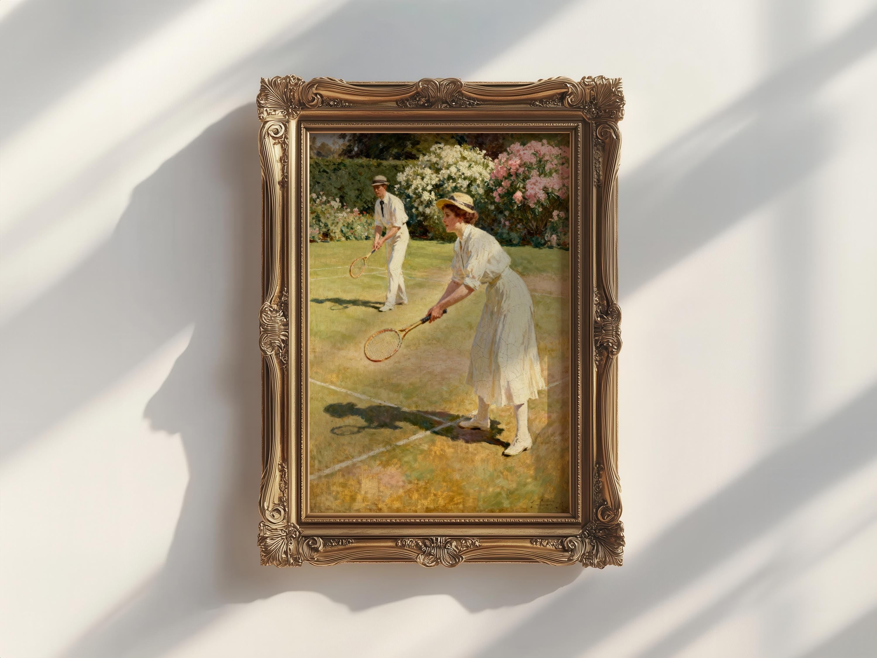 The image is a painting of two people playing tennis on a court, with one person holding a tennis racket and the other holding a tennis ball.