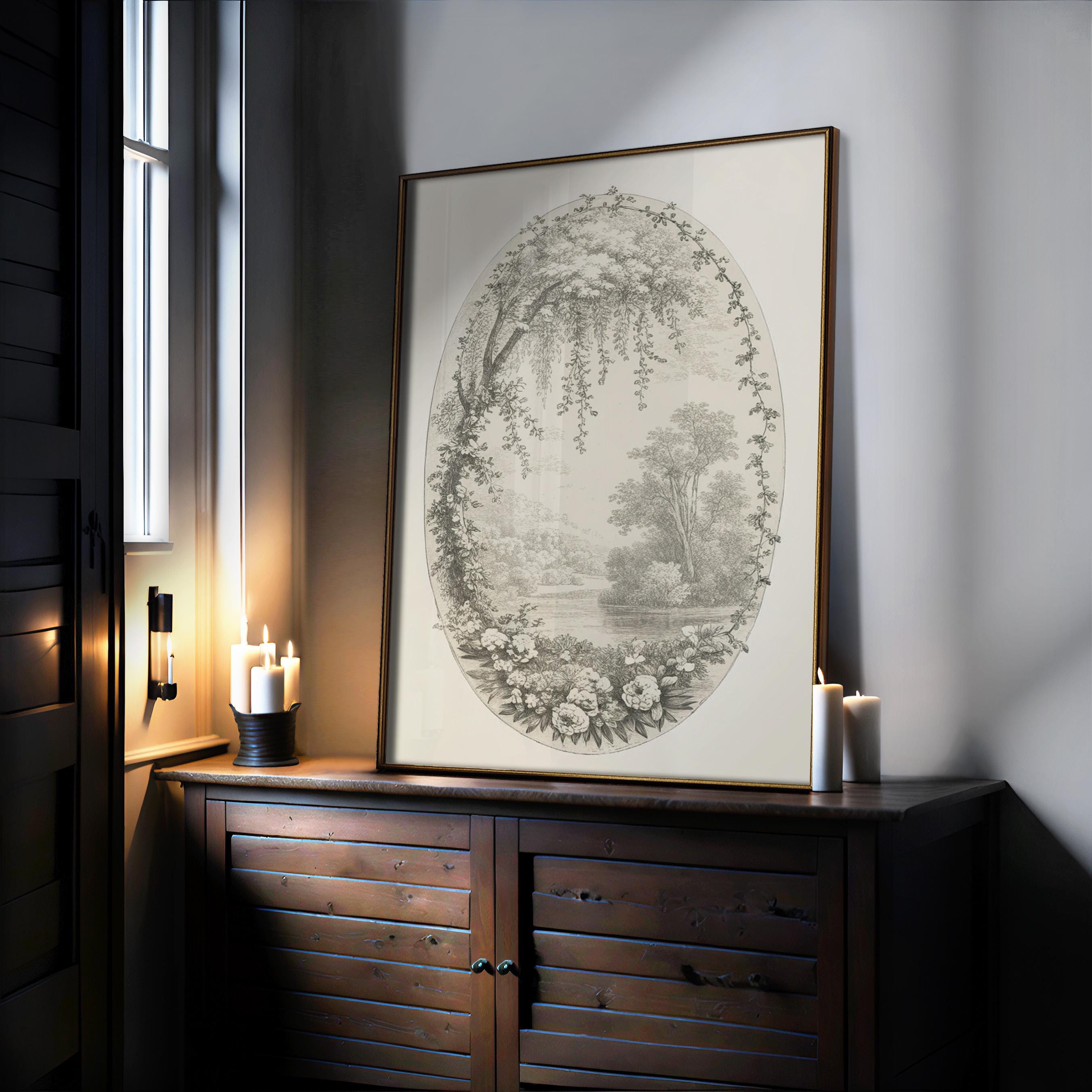 a large oval-shaped painting of a landscape with trees and flowers, displayed on a wooden cabinet or dresser. The painting is lit by candles, creating a warm and cozy atmosphere in the room.