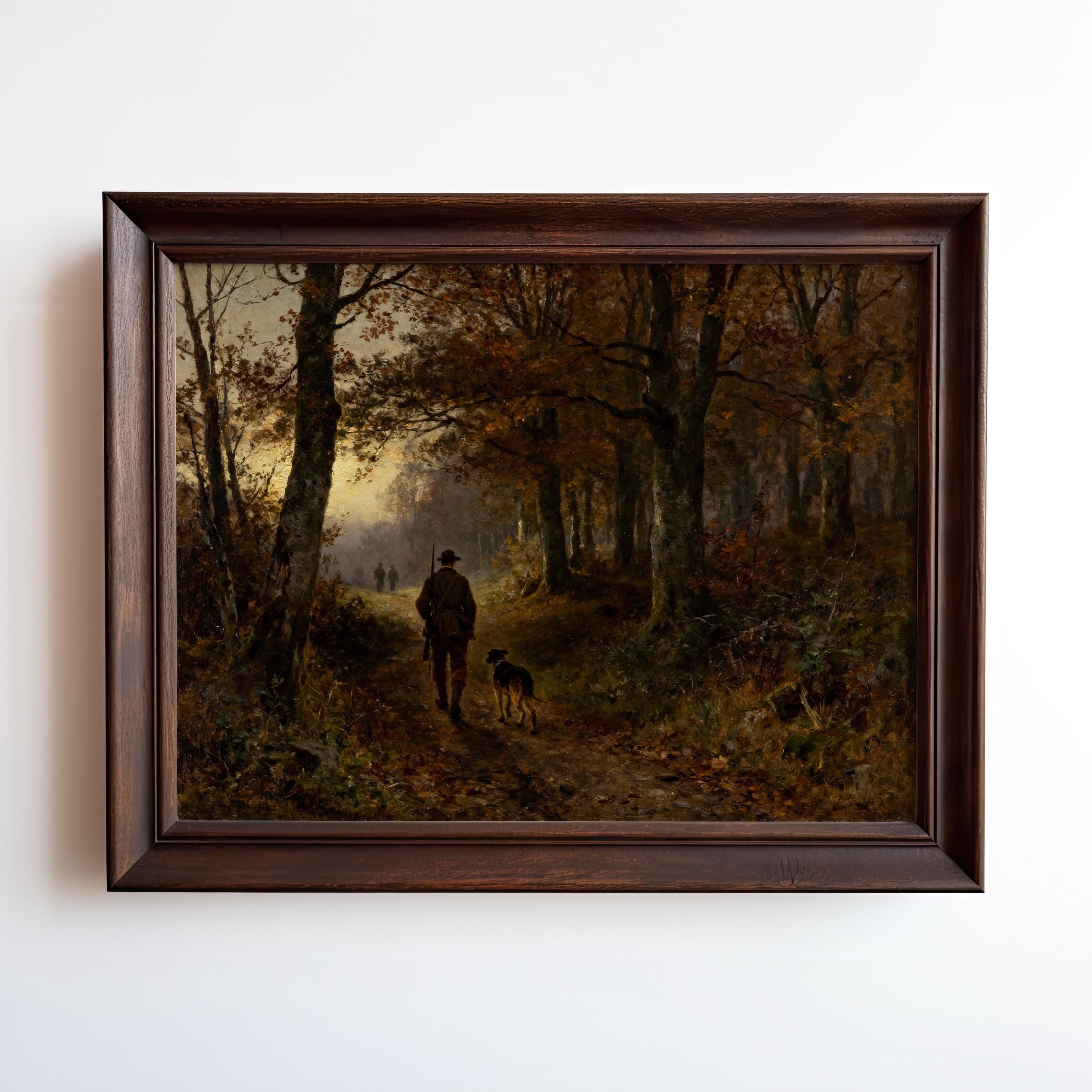 The "Hunter Dog Art Print – Vintage Autumn Forest Scene" features a person walking a dog on an autumn forest path, surrounded by tall trees and soft light—a rustic cabin wall decor piece from Vintage Art Prints & Framed Art.
