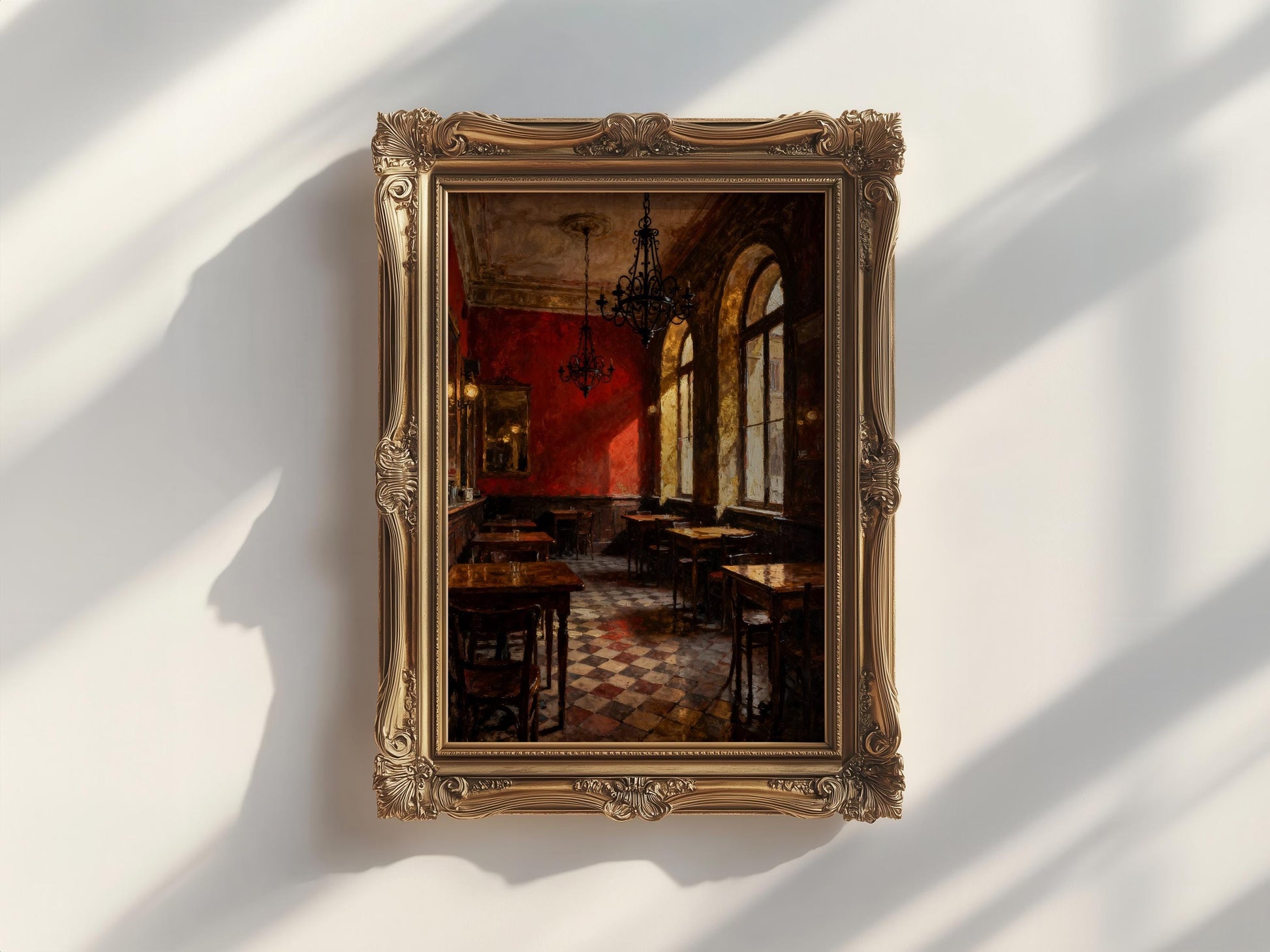 The European Café Art Print features a vintage interior with red walls, arched windows, wooden tables, and a checkered floor, beautifully framed. From West & Wild Art Archive, this archival-quality piece brings lasting elegance to any space.