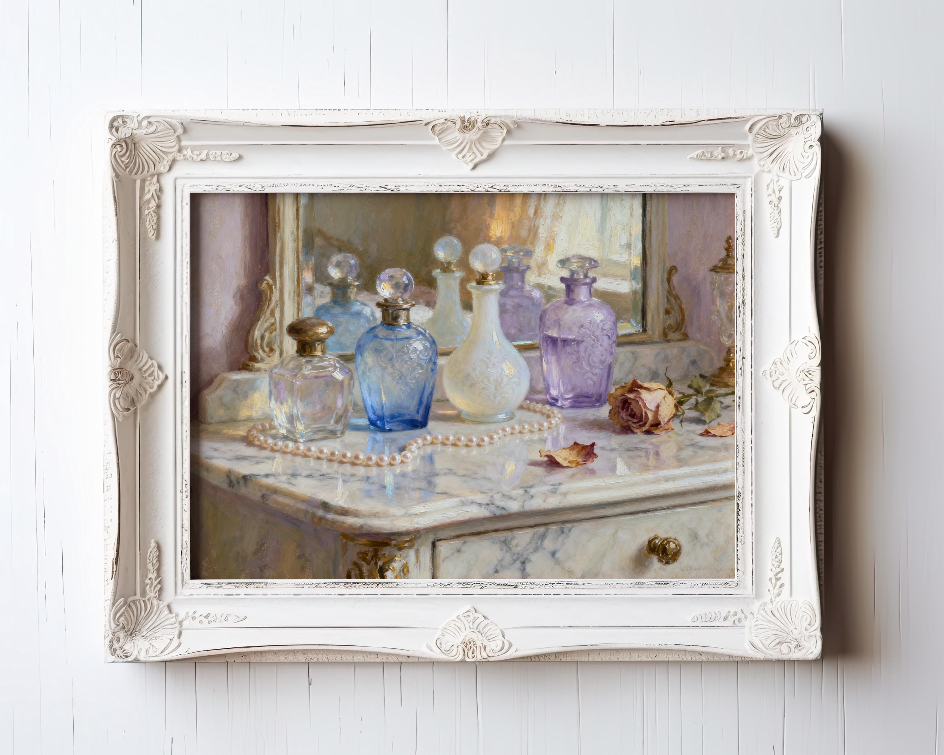 A framed painting depicting a vanity with various perfume bottles and a rose on the marble countertop.