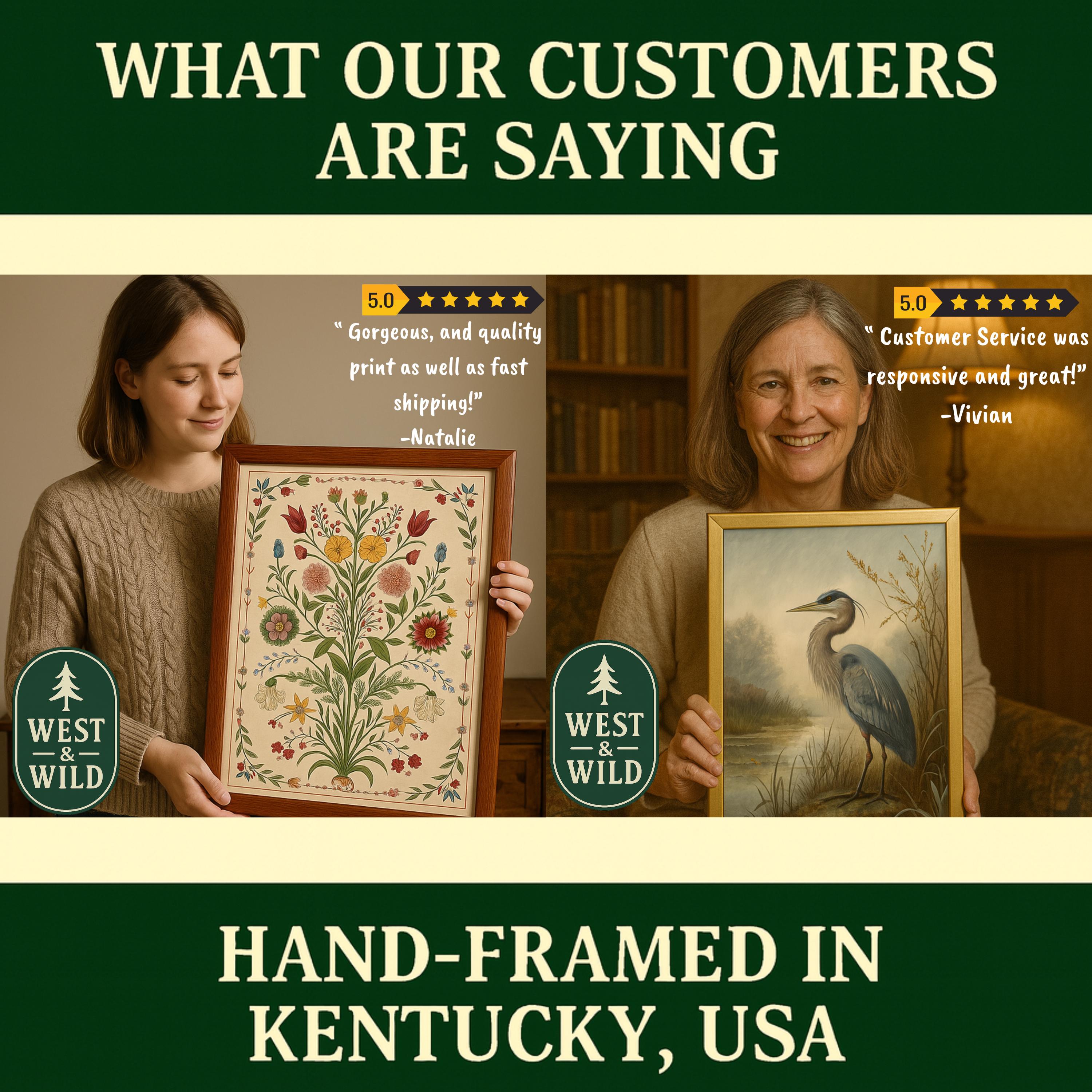 Five-star customer reviews for West & Wild Art Archive highlighting print quality and fast shipping for all framed artwork.