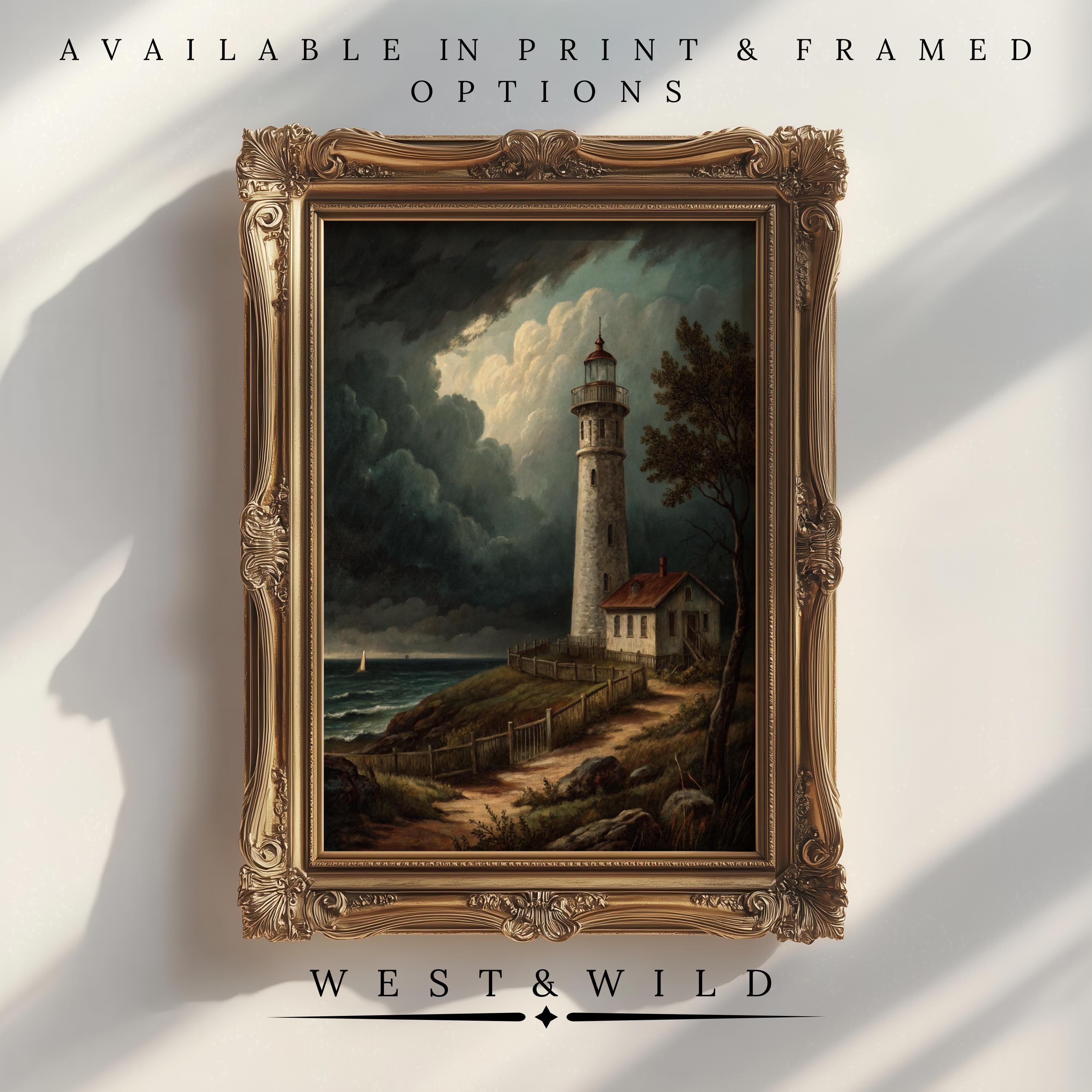 A framed Lighthouse Art Print from the West & Wild Art Archive, featuring a vintage lighthouse on a rocky shore beneath a stormy sky, showcases archival quality and is available as Vintage Lighthouse Paintings & Framed Coastal Artwork.