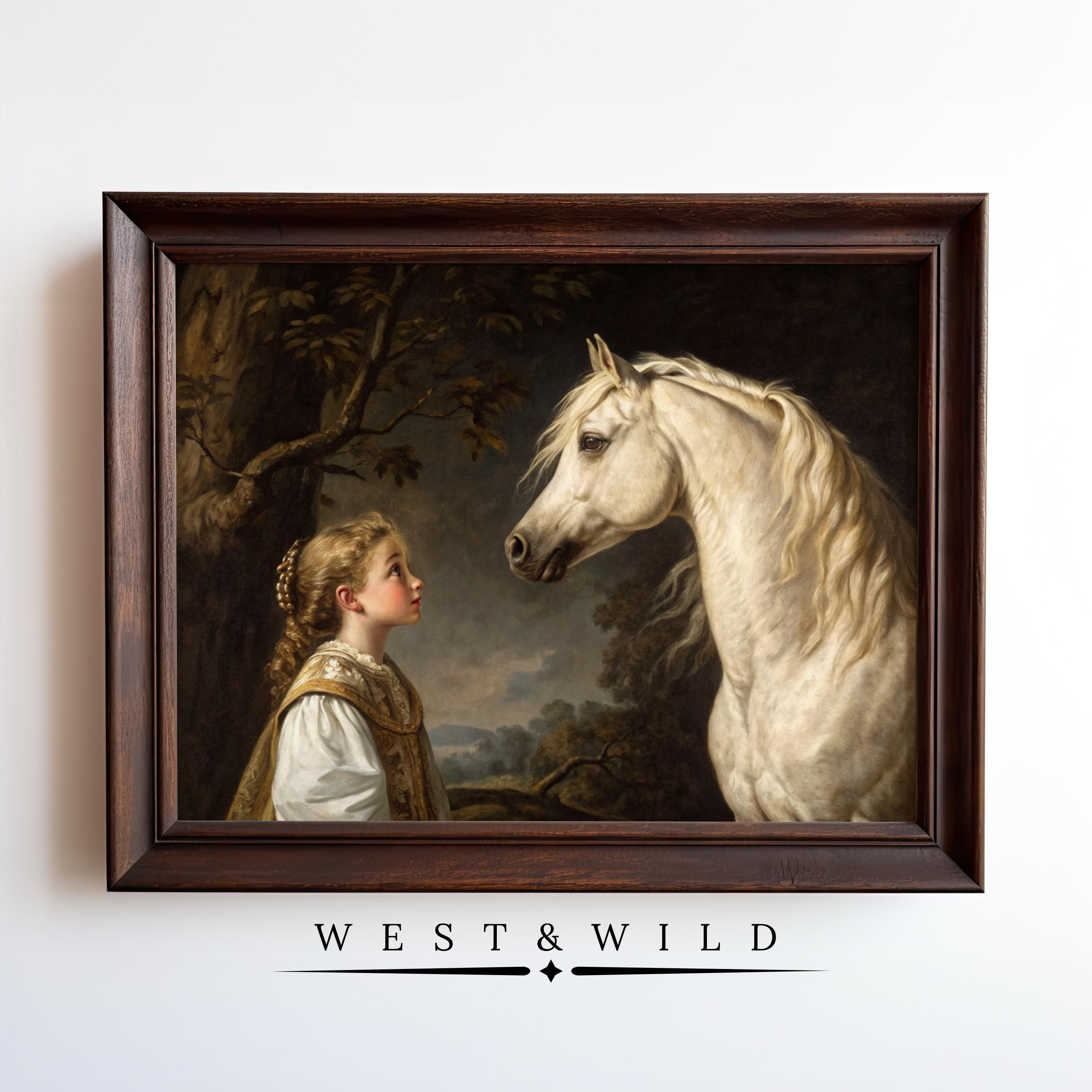 The Vintage Horse Painting – Framed Horse Print features a young girl in period clothing with a white horse amid a dark, natural background and “WEST & WILD” below, reflecting the West & Wild Art Archive’s timeless equestrian style.
