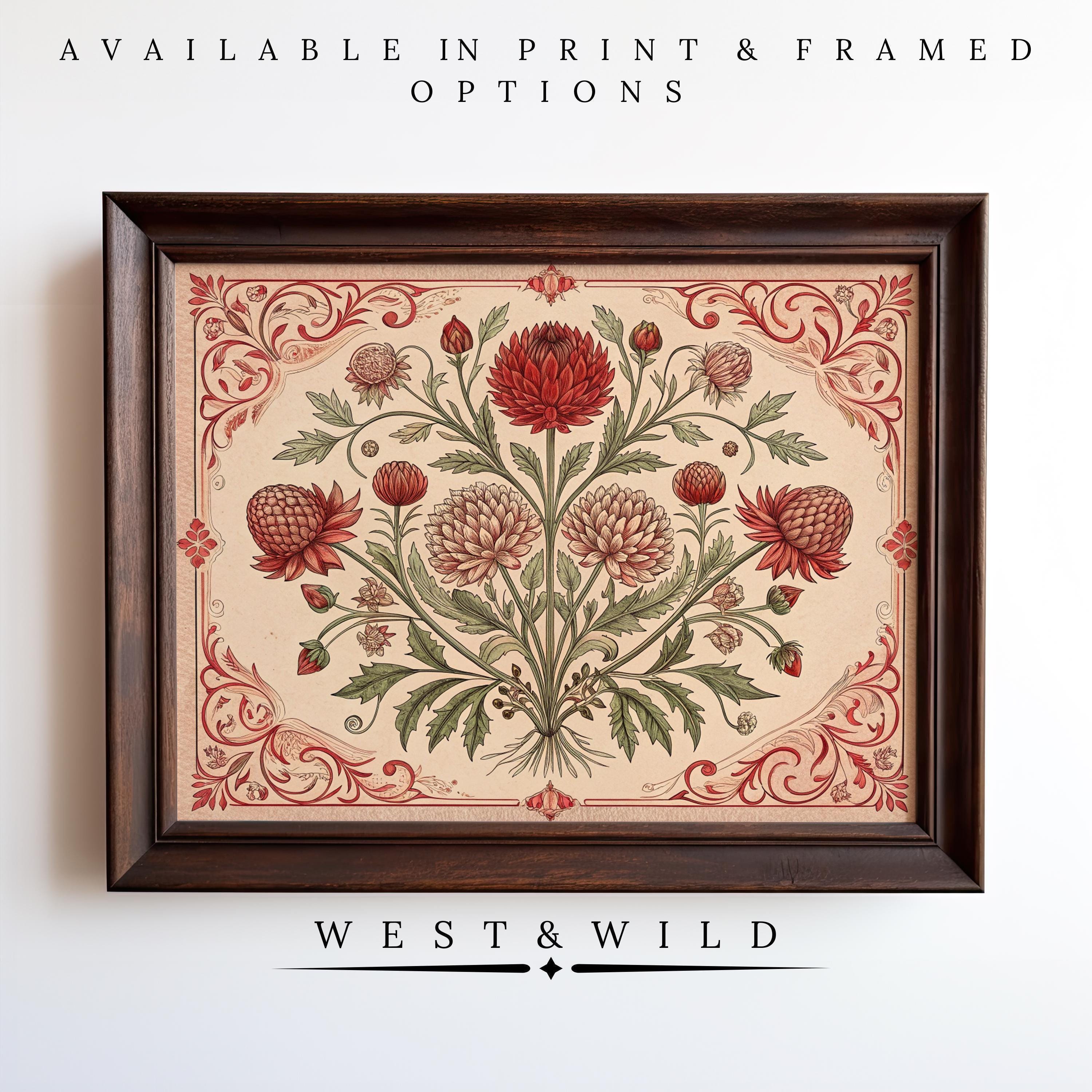 A framed Vintage Botanical Print – Victorian Floral Painting featuring red and white flowers with green leaves in an ornate border. Text above: “Available in Print & Framed Options.” Below: “West & Wild.” Ideal cottagecore wall art.