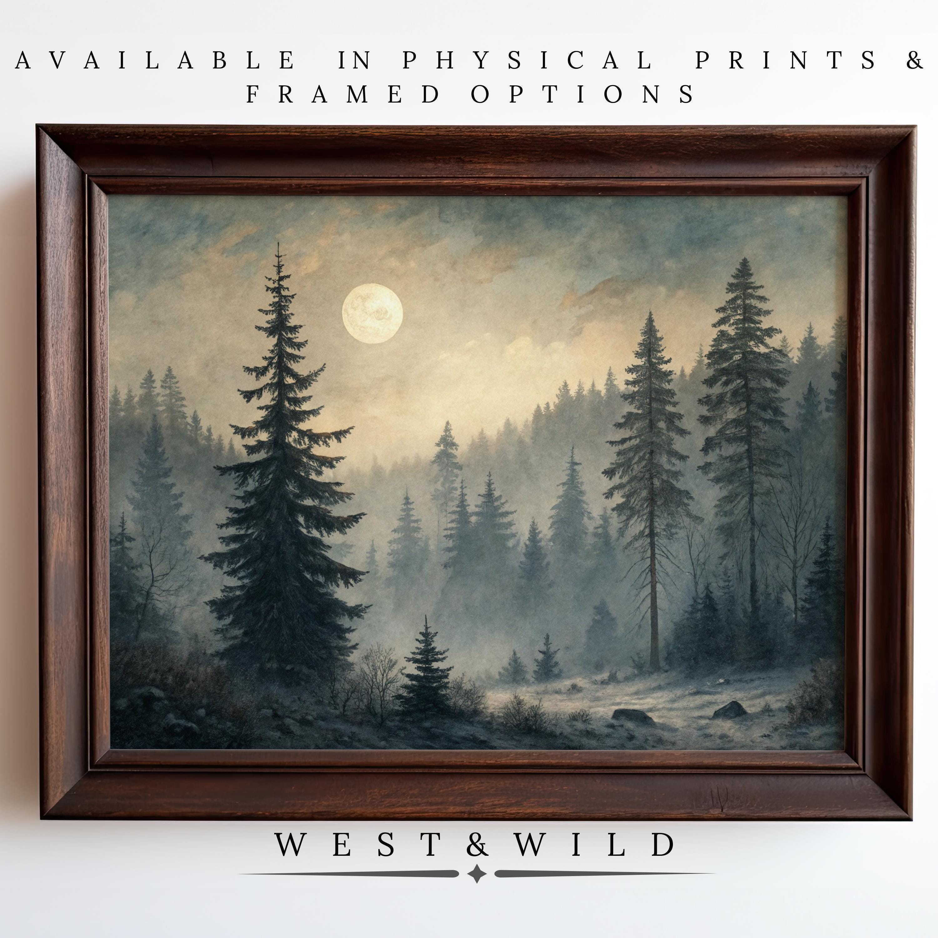 Moonlit Winter Forest Painting – a vintage archival print of misty pine trees under a full moon. Available as physical prints and framed art, perfect for cabin décor. From the West & Wild Art Archive.