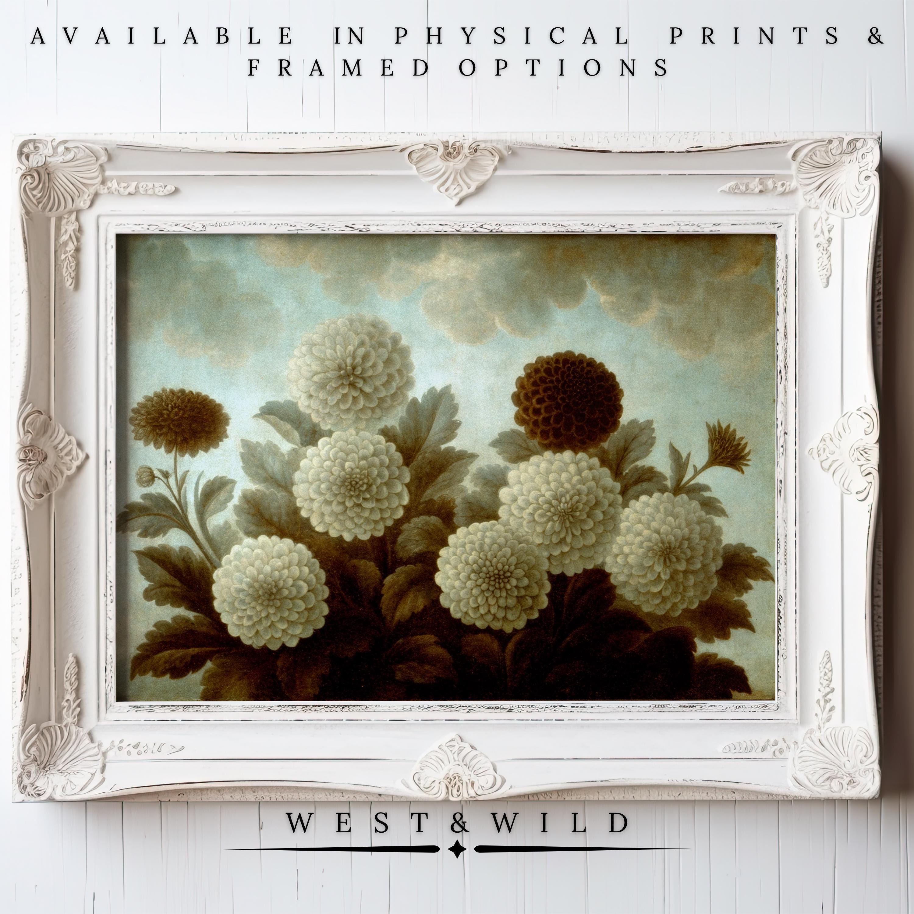 A vintage dahlia painting featuring cream florals and green leaves in a classic brown frame. This archival Vintage Dahlia Painting is available as prints or framed art from the West & Wild Art Archive.