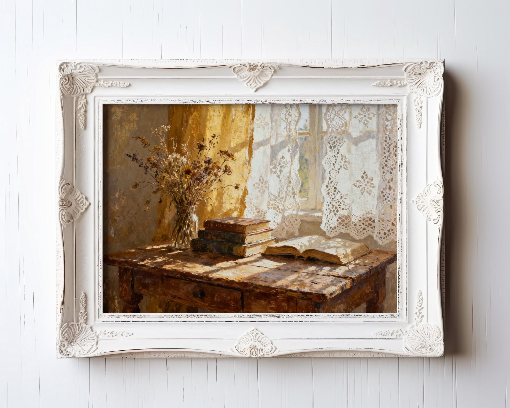 The image is a painting of a table with a vase of flowers, a stack of books, and a lace curtain.