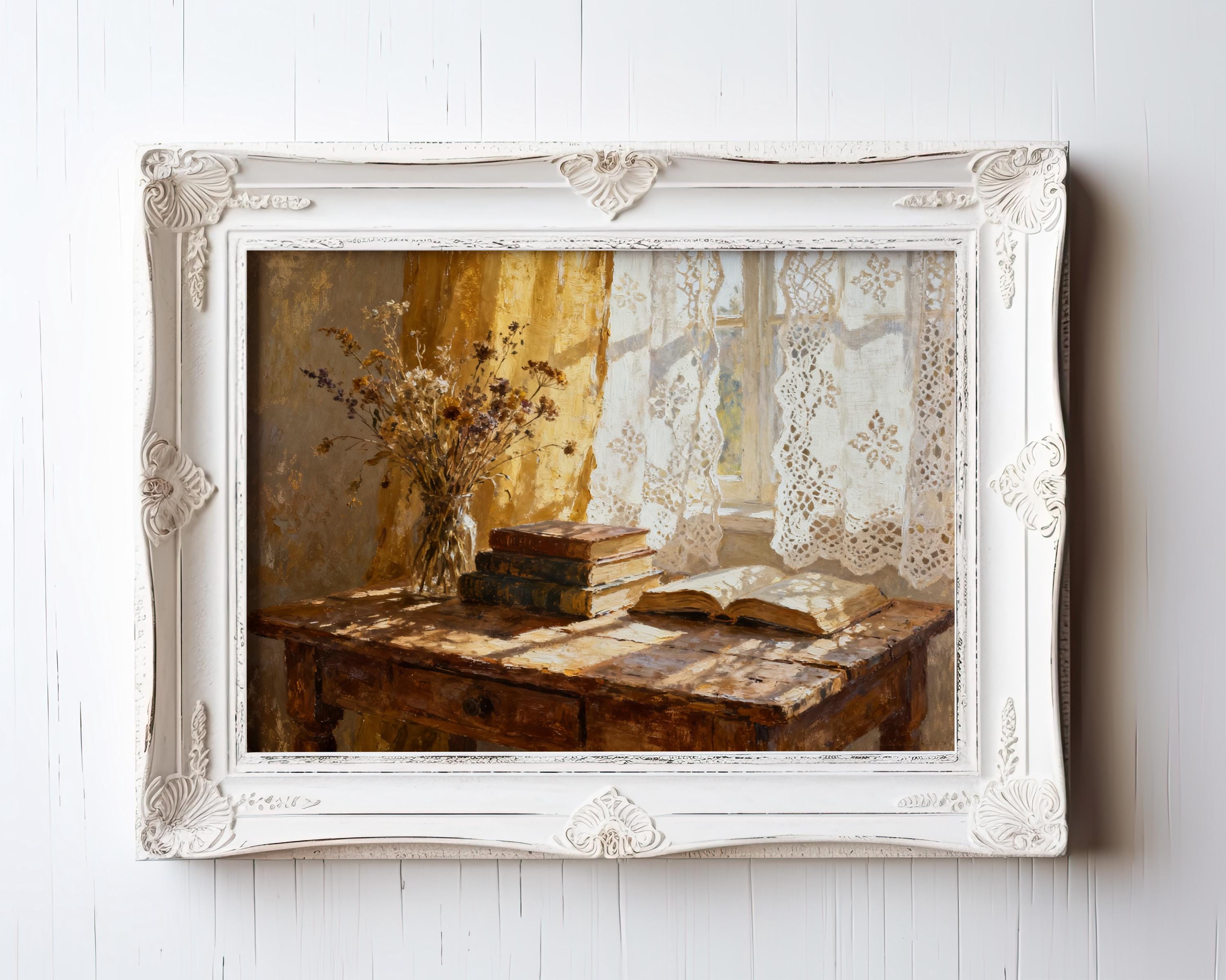 The image is a painting of a table with a vase of flowers, a stack of books, and a lace curtain.