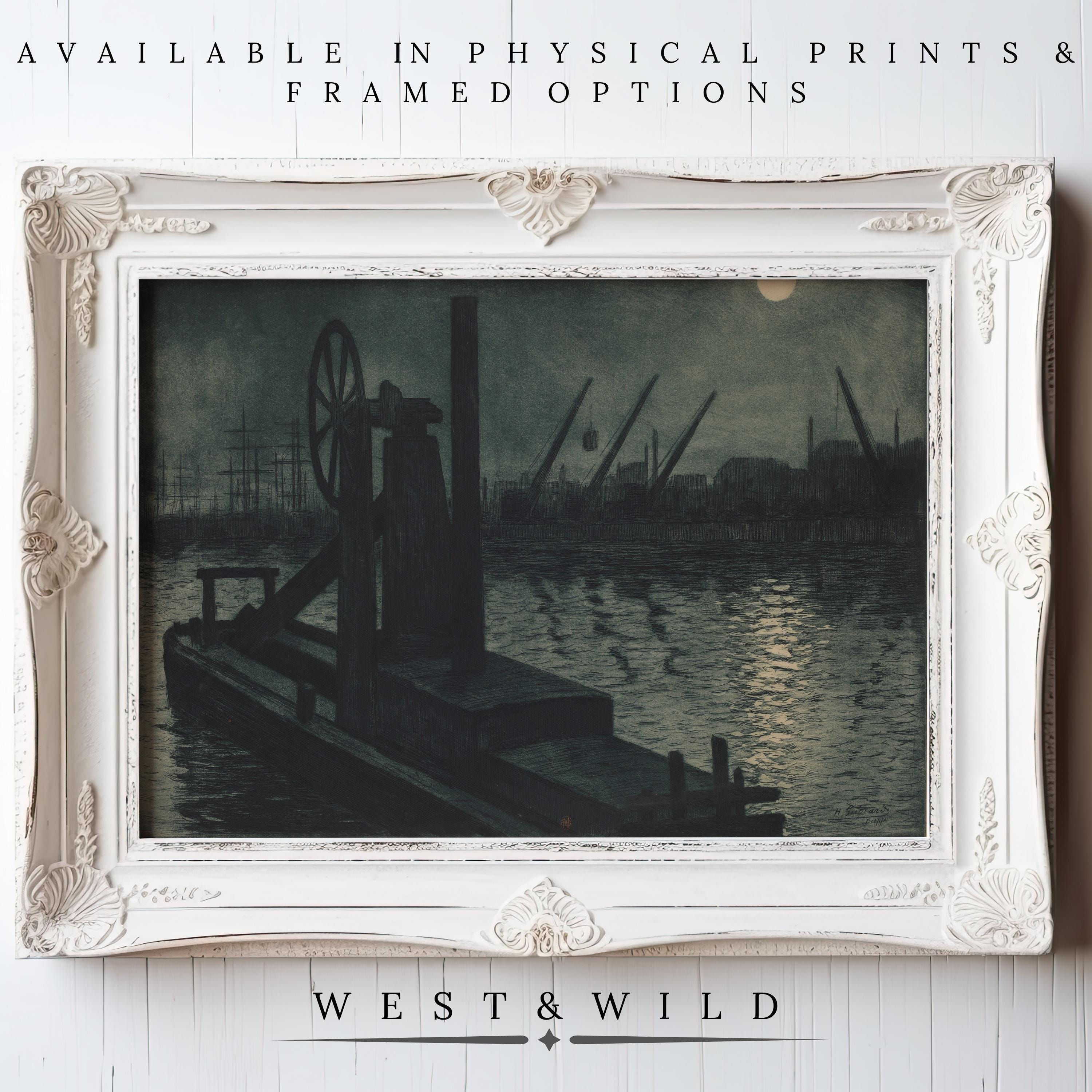 A Vintage Art Print—Antique Charcoal Sketch Artwork in dark, moody tones—appears in a white ornate frame. Text above reads “Physical prints & framed art available.” Below: “WEST & WILD ART ARCHIVE.”.