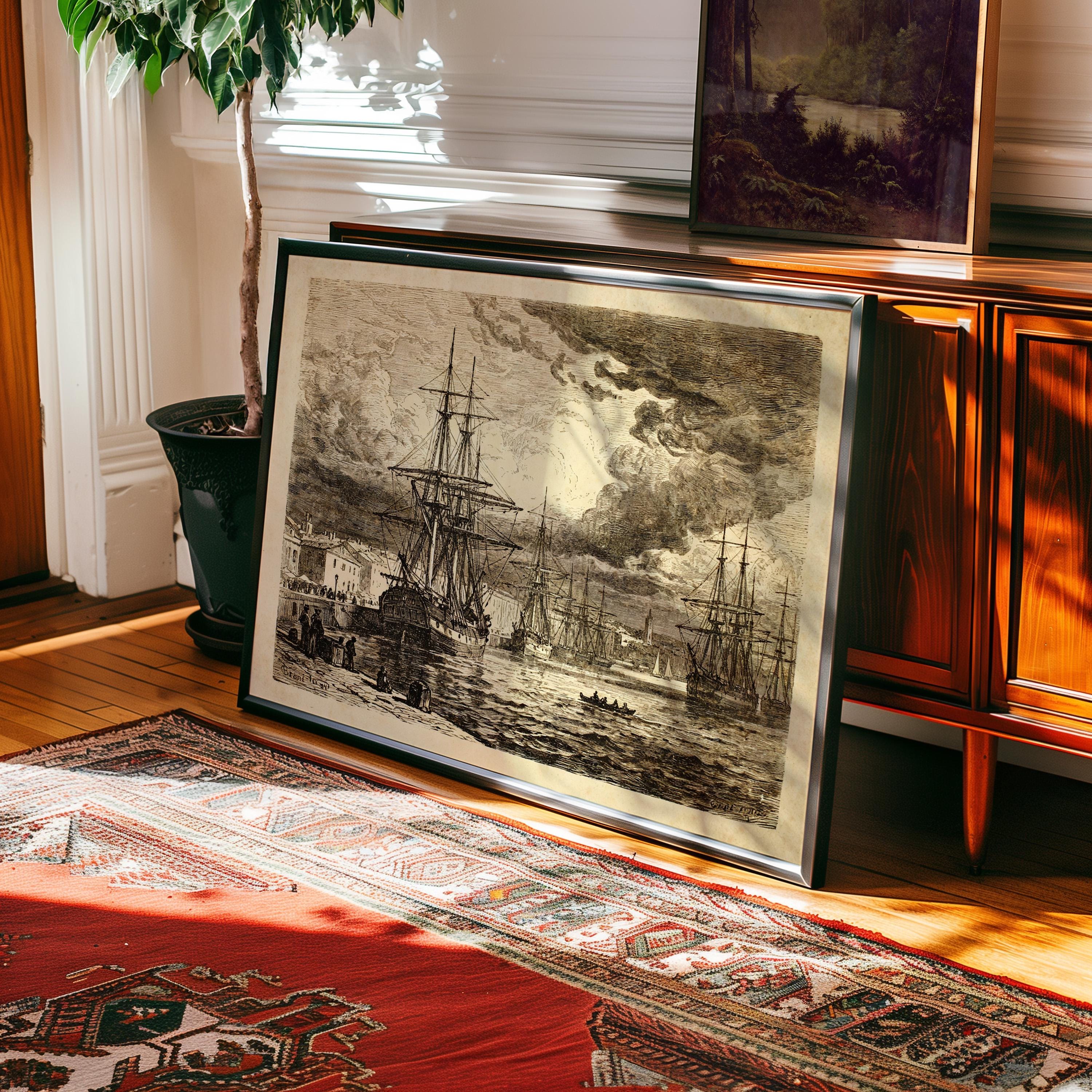 A framed Vintage Nautical Art Print featuring a ship harbor etching, perfect maritime wall decor for adding coastal charm to any space.