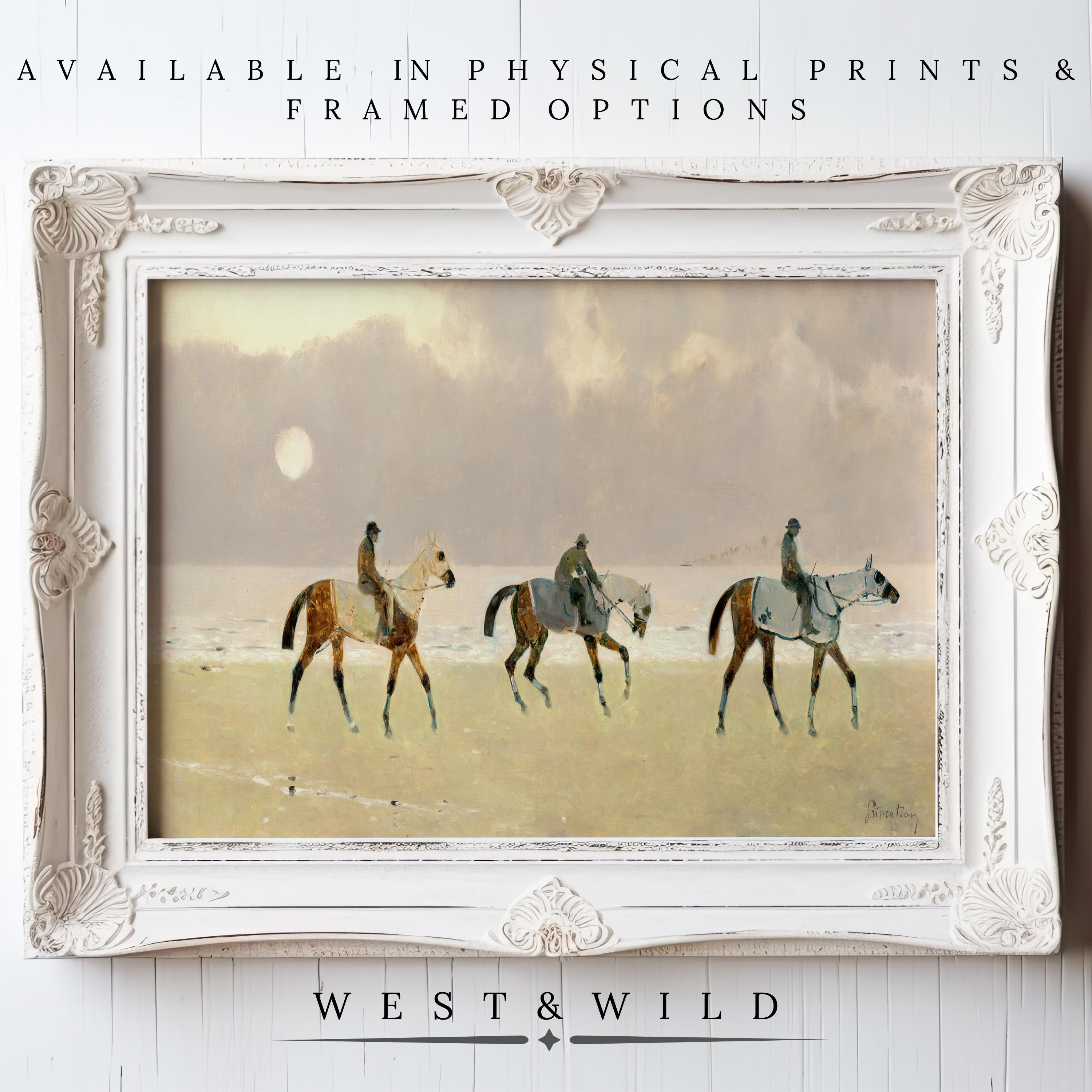 Discover the Horse Riders Painting – Minimalist Wall Art for Beach House. This vintage-style print features three riders on a beach at sunset, available as archival-quality prints or framed art from the West & Wild Art Archive.
