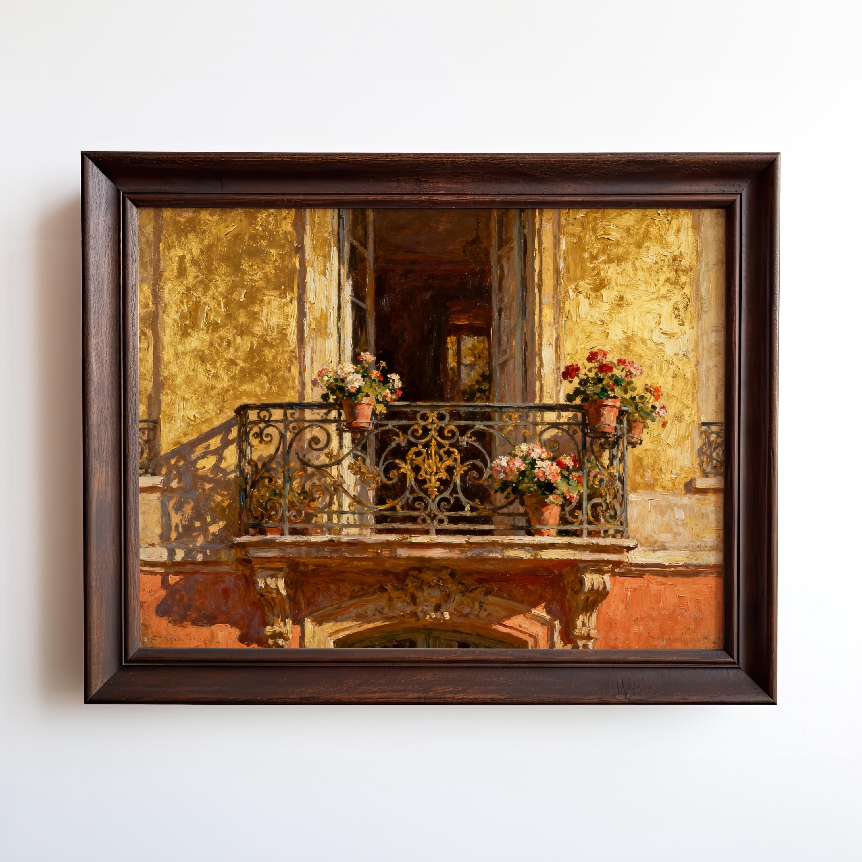 The Vintage Paris Balcony Print – Golden Facade Art with Flower Pots features a sunlit balcony with ornate railings and blooms, set against a yellow wall—available framed or unframed from West & Wild’s vintage collection.