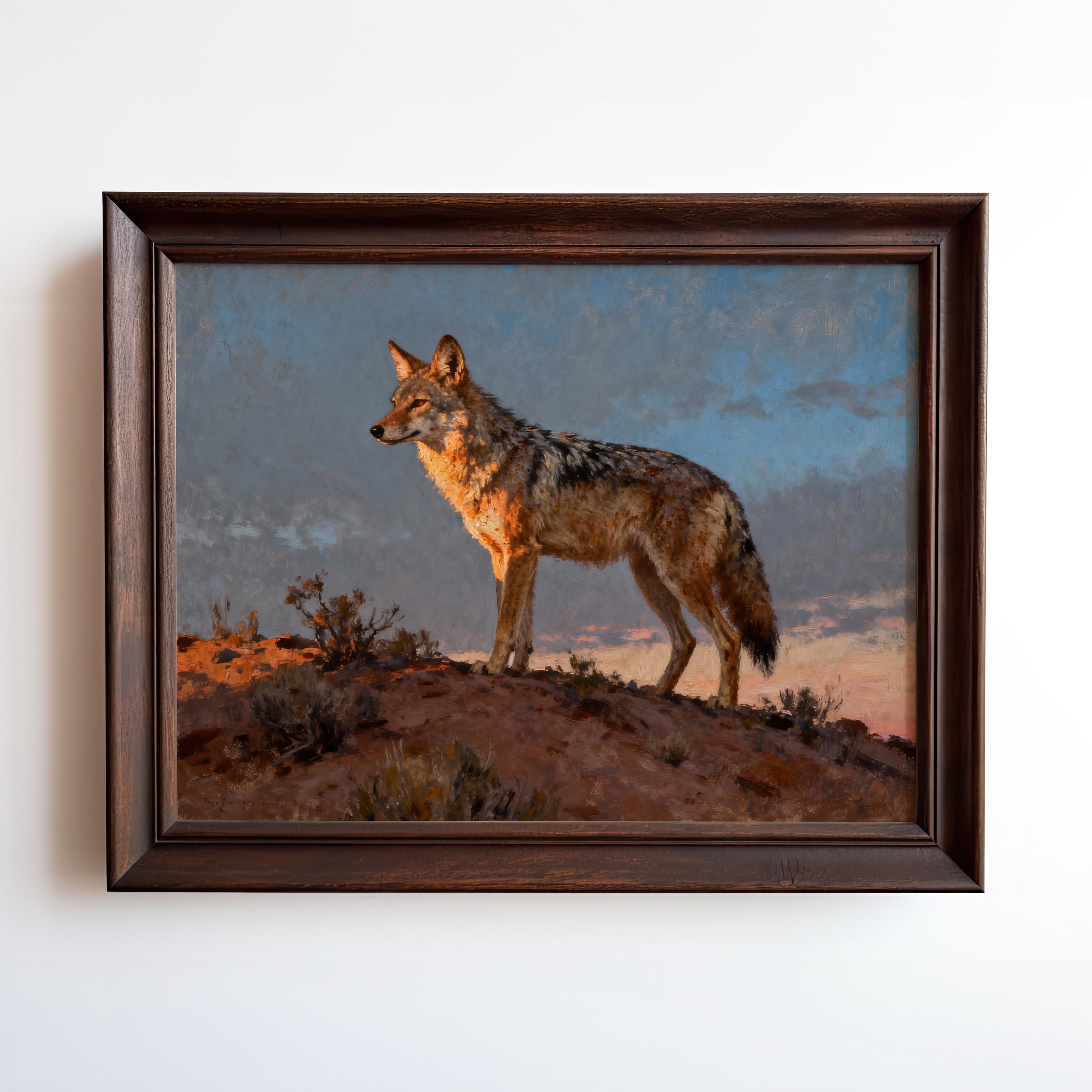 A painting of a coyote standing on a hill against a backdrop of a cloudy sky at sunset.