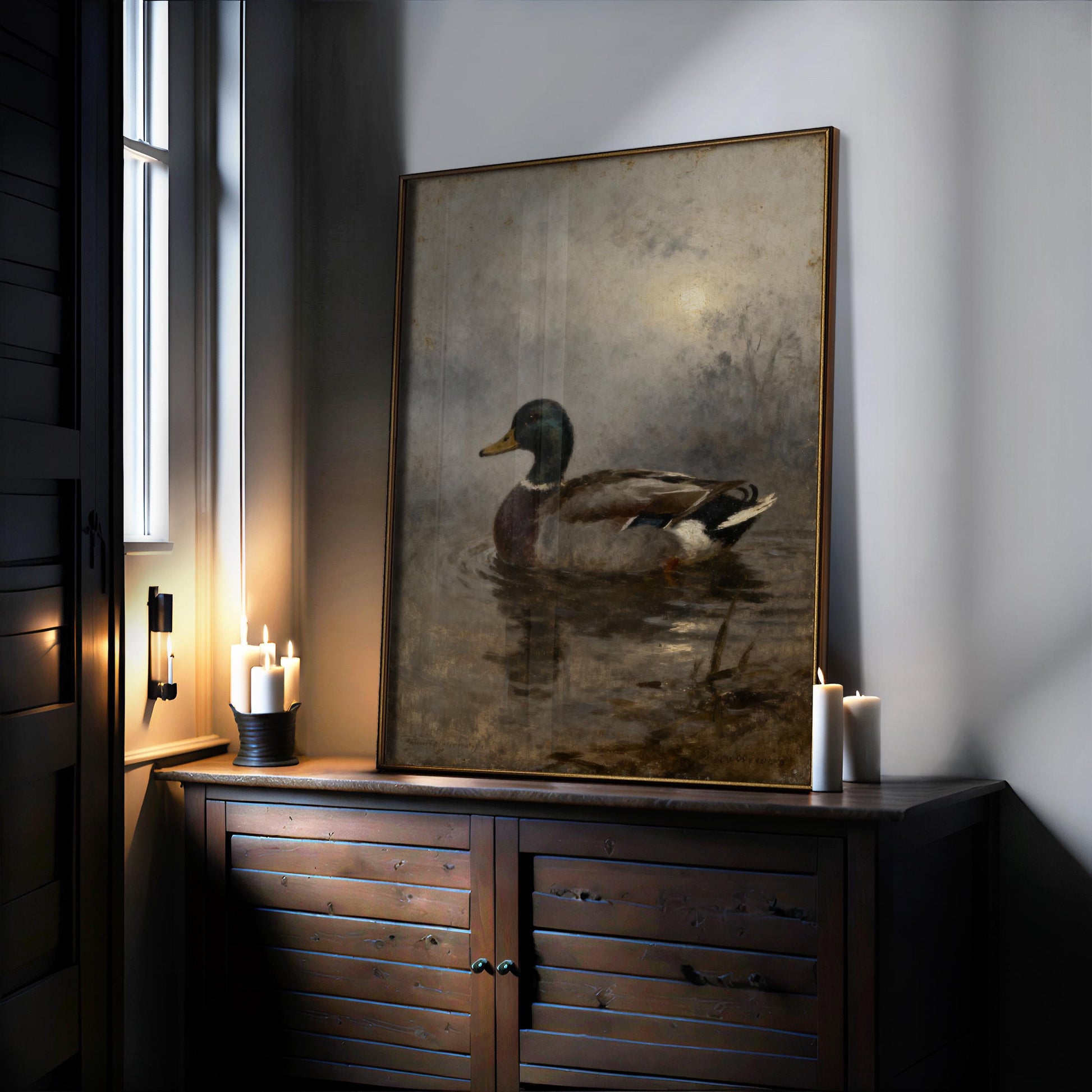 a large painting of a duck sitting in a body of water, displayed on a wooden cabinet or shelf.