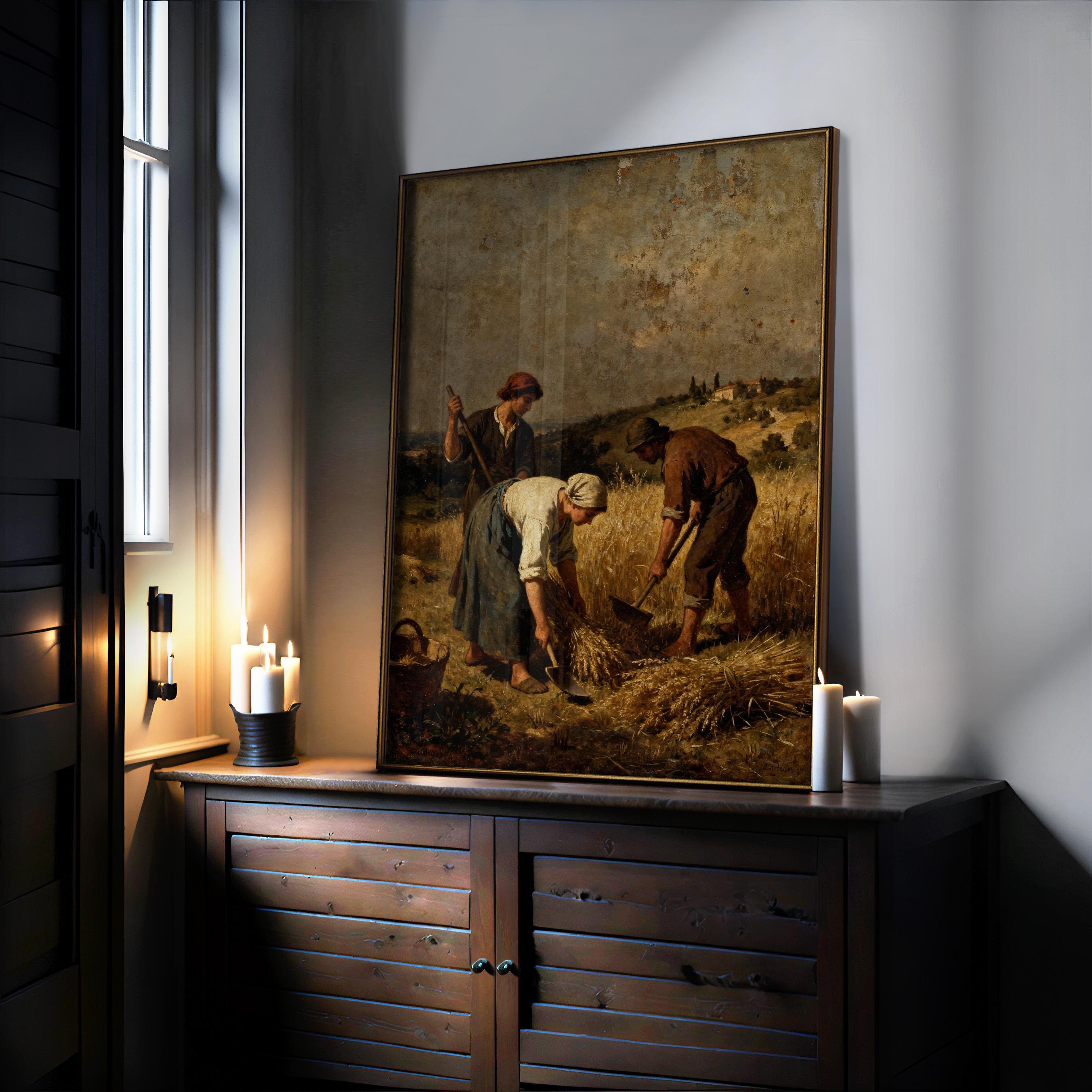 a painting of three people working in a field, with one person using a hoe and the other two using baskets to gather the crop.