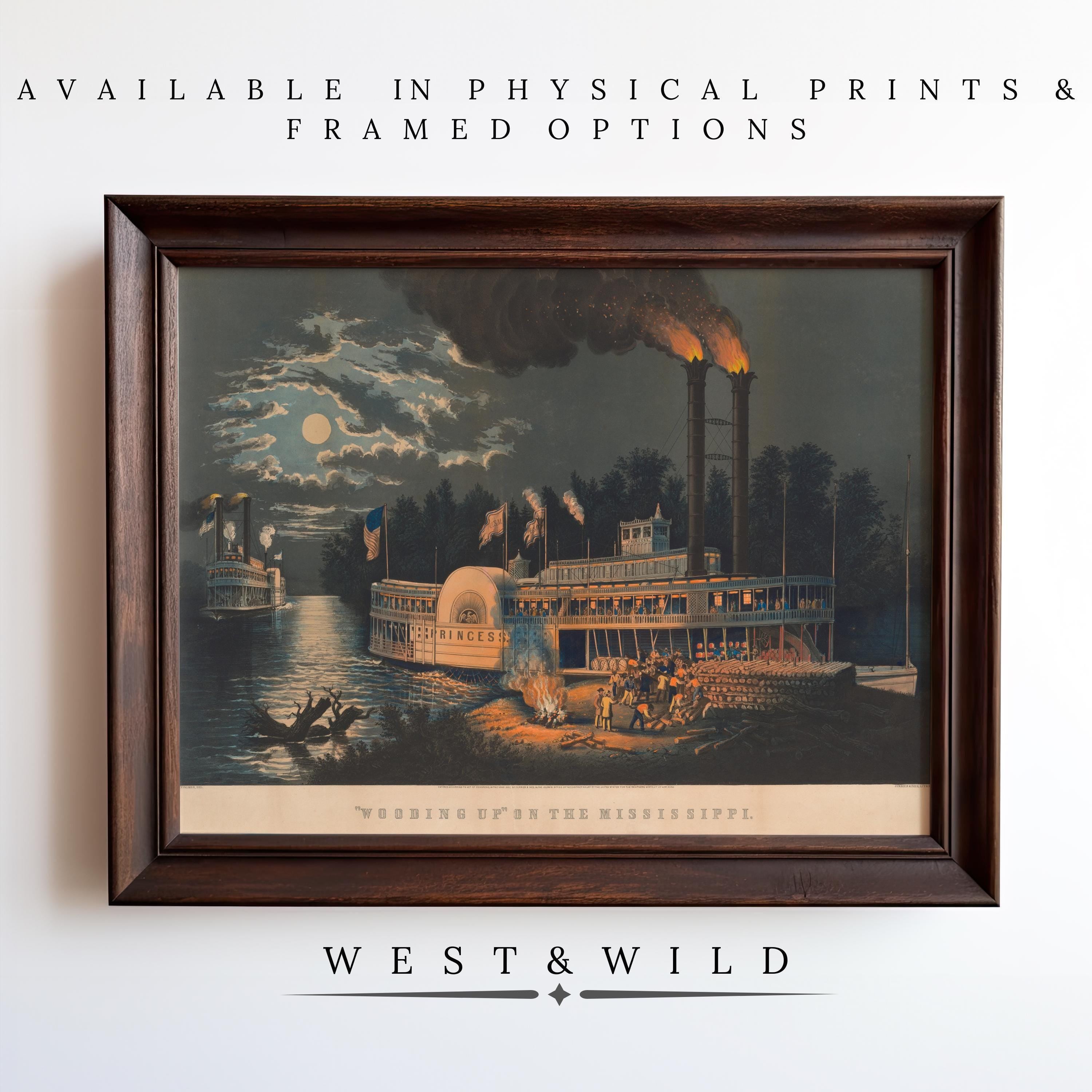 Framed steam ship artwork from the Currier and Ives Prints – Vintage American Prints collection. “WEDDING UP THE MISSISSIPPI” night river scene, available as archival quality prints & framed art from West & Wild Art Archive.