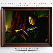 A framed “Victorian Oil Painting - Woman Reading Artwork” print features a woman in a dark green Victorian dress reading by candlelight, set against rich red curtains. Available as prints & framed art from West & Wild Art Archive.