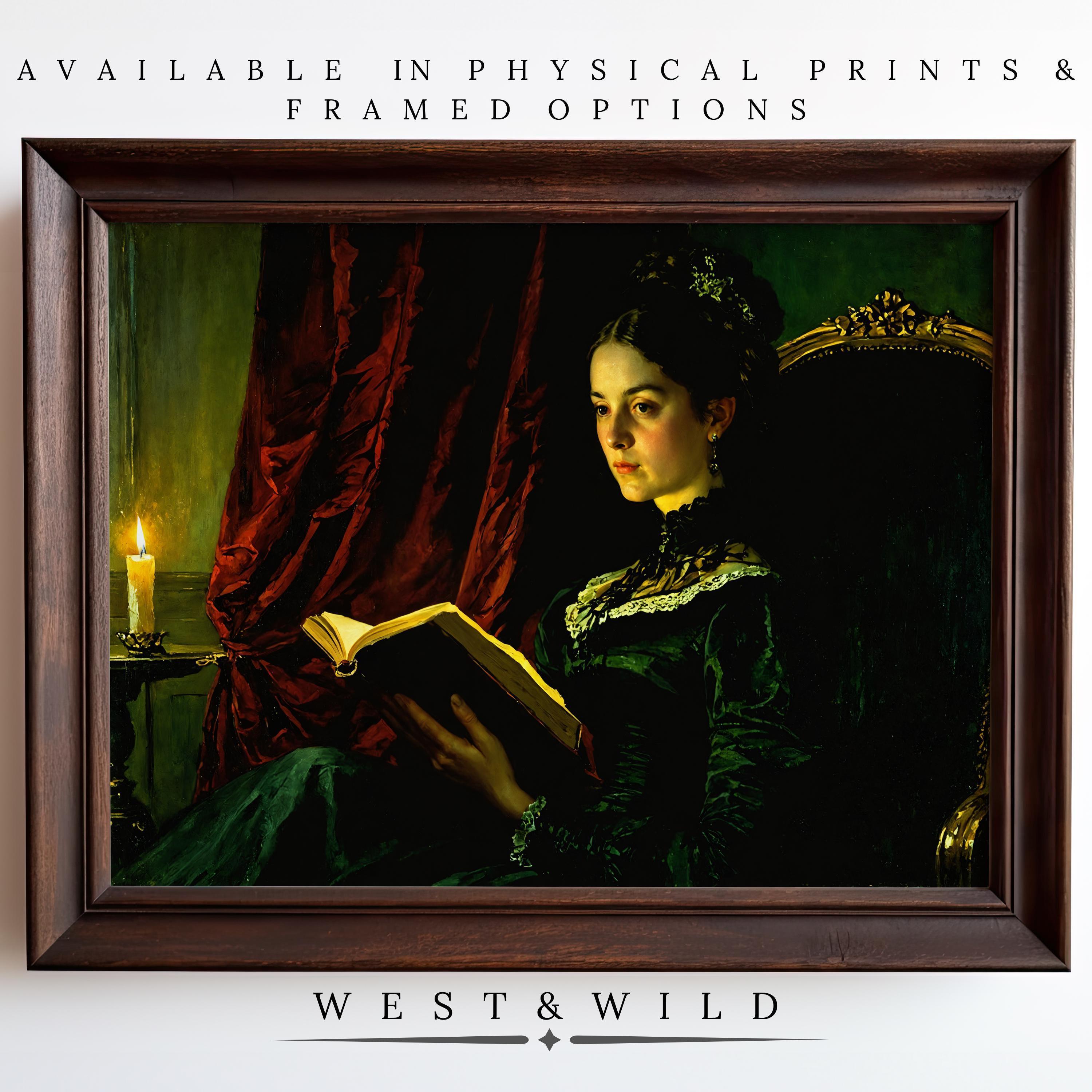 A framed “Victorian Oil Painting - Woman Reading Artwork” print features a woman in a dark green Victorian dress reading by candlelight, set against rich red curtains. Available as prints & framed art from West & Wild Art Archive.
