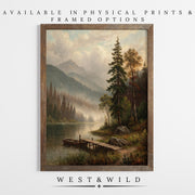 Enjoy the Forest Lake Oil Painting—Misty Mountain Landscape with Wooden Dock. Vintage art print from West & Wild, available in archival quality physical and framed options. Discover more at the West & Wild Art Archive.