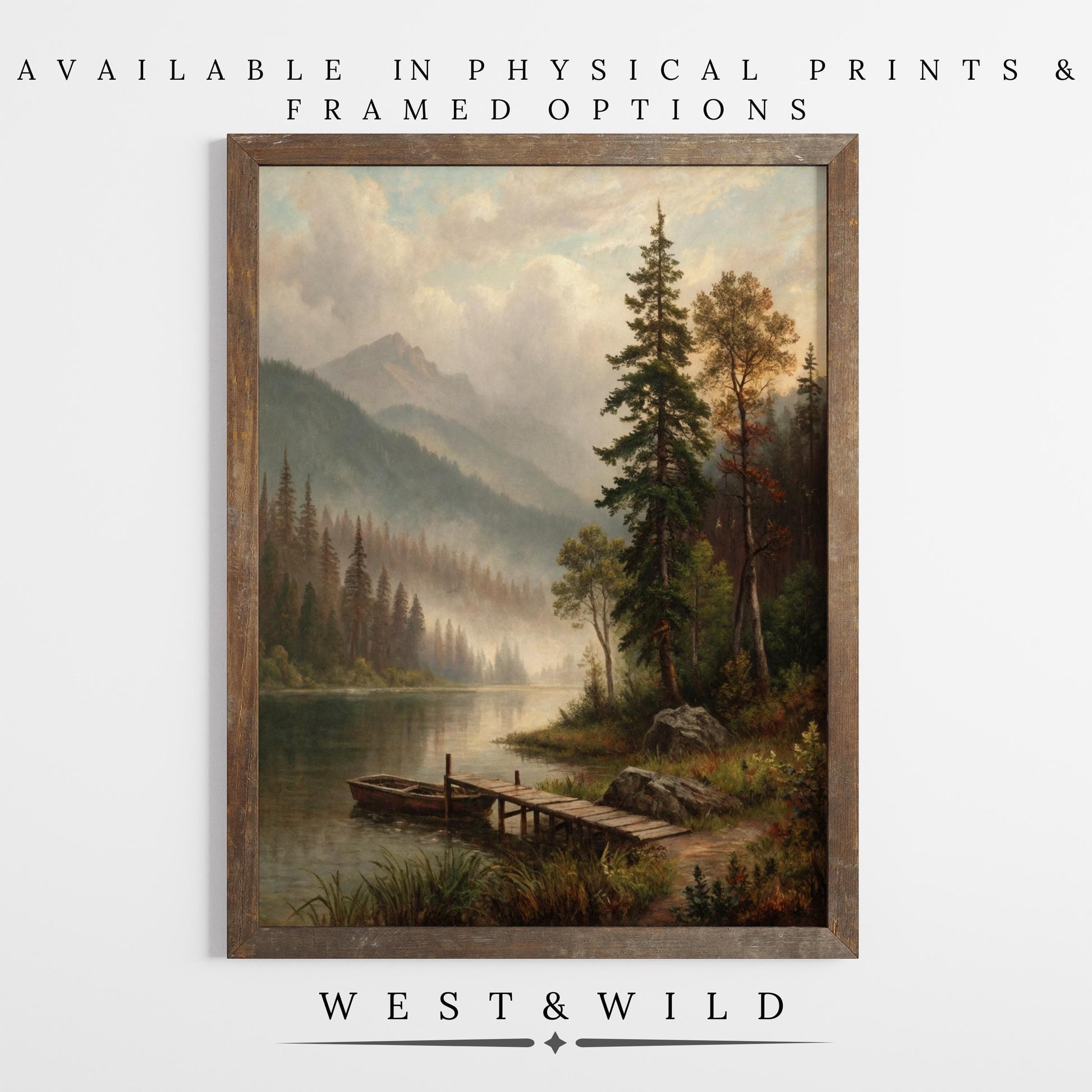 Enjoy the Forest Lake Oil Painting—Misty Mountain Landscape with Wooden Dock. Vintage art print from West & Wild, available in archival quality physical and framed options. Discover more at the West & Wild Art Archive.