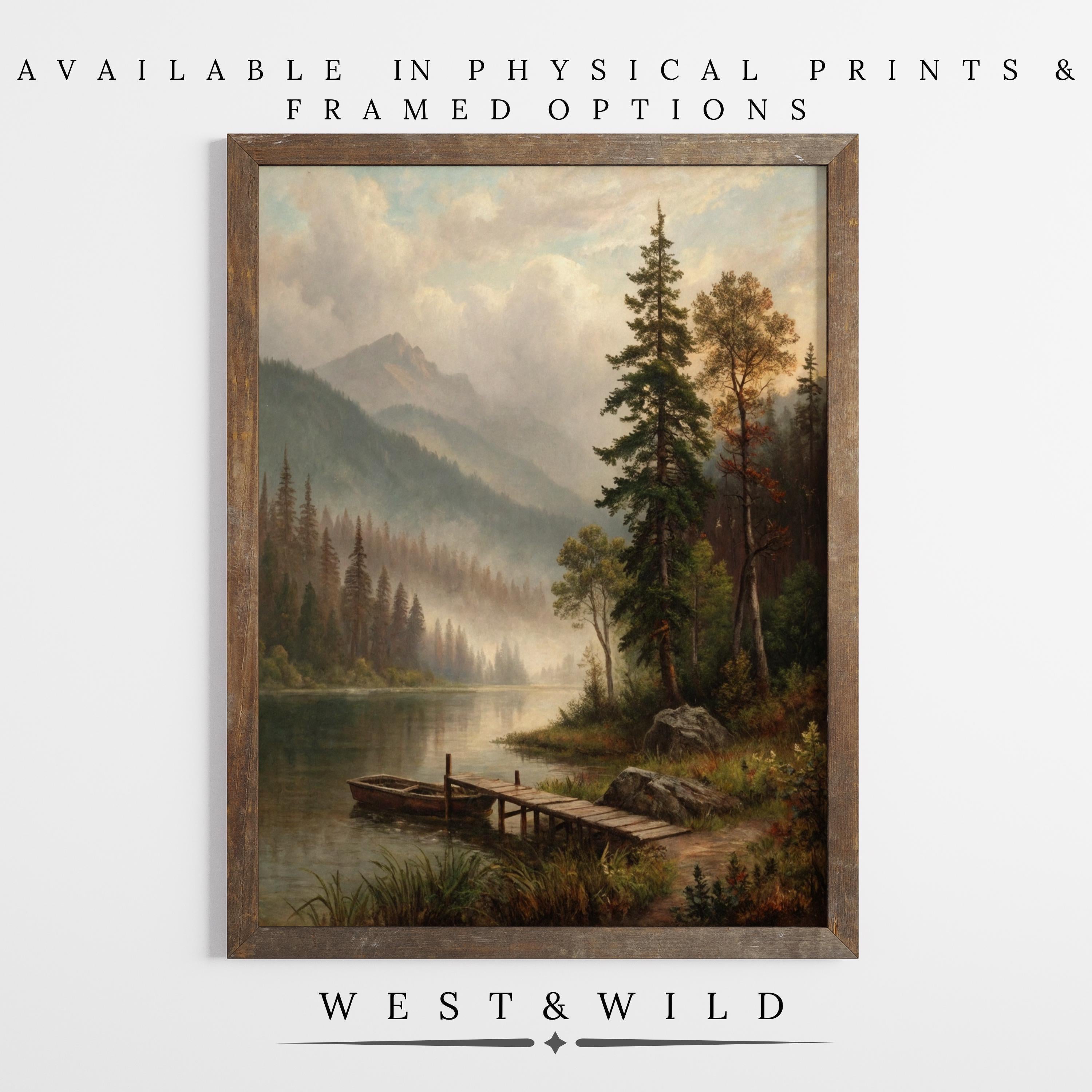 Enjoy the Forest Lake Oil Painting—Misty Mountain Landscape with Wooden Dock. Vintage art print from West & Wild, available in archival quality physical and framed options. Discover more at the West & Wild Art Archive.